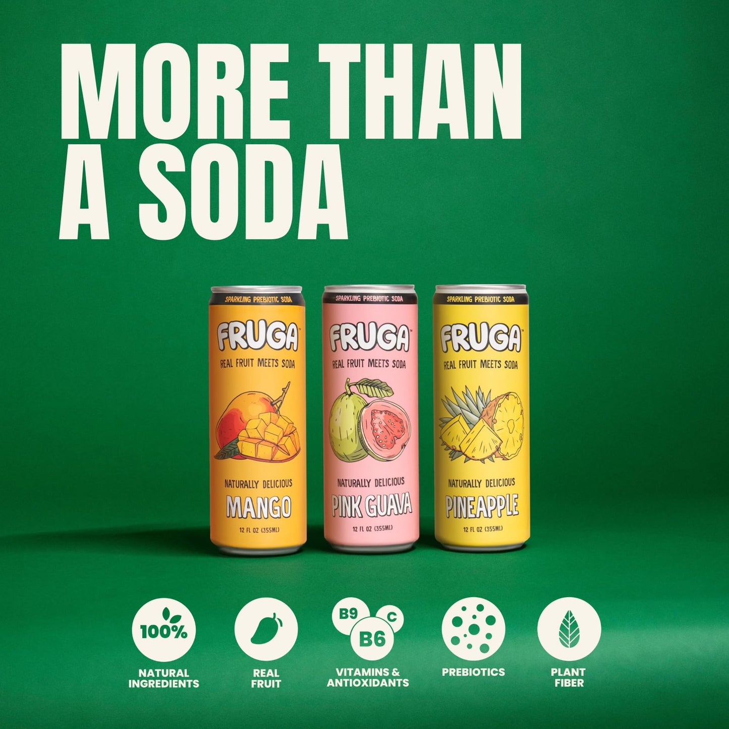 FRUGA Sparkling Prebiotic Super Soda Gut Health Low Calorie Low Sugar Healthy Soda Pop Plant Fiber Real Fruit Vitamin C B6 B9 Vitamins Juice Tropical Mix 12oz 12 Pack