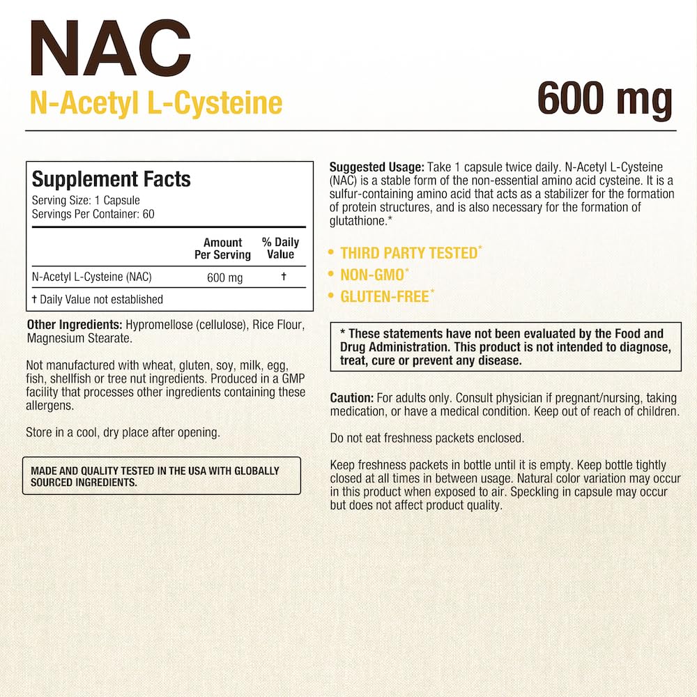 Puregen Labs N-Acetyl-L-Cysteine (NAC) 600mg, Supports Immune, Respiratory, Liver Health, NAC 600 mg, Potent antioxidant Support, Free-radicals, Easy to Absorb - 60 Vegetarian Capsules