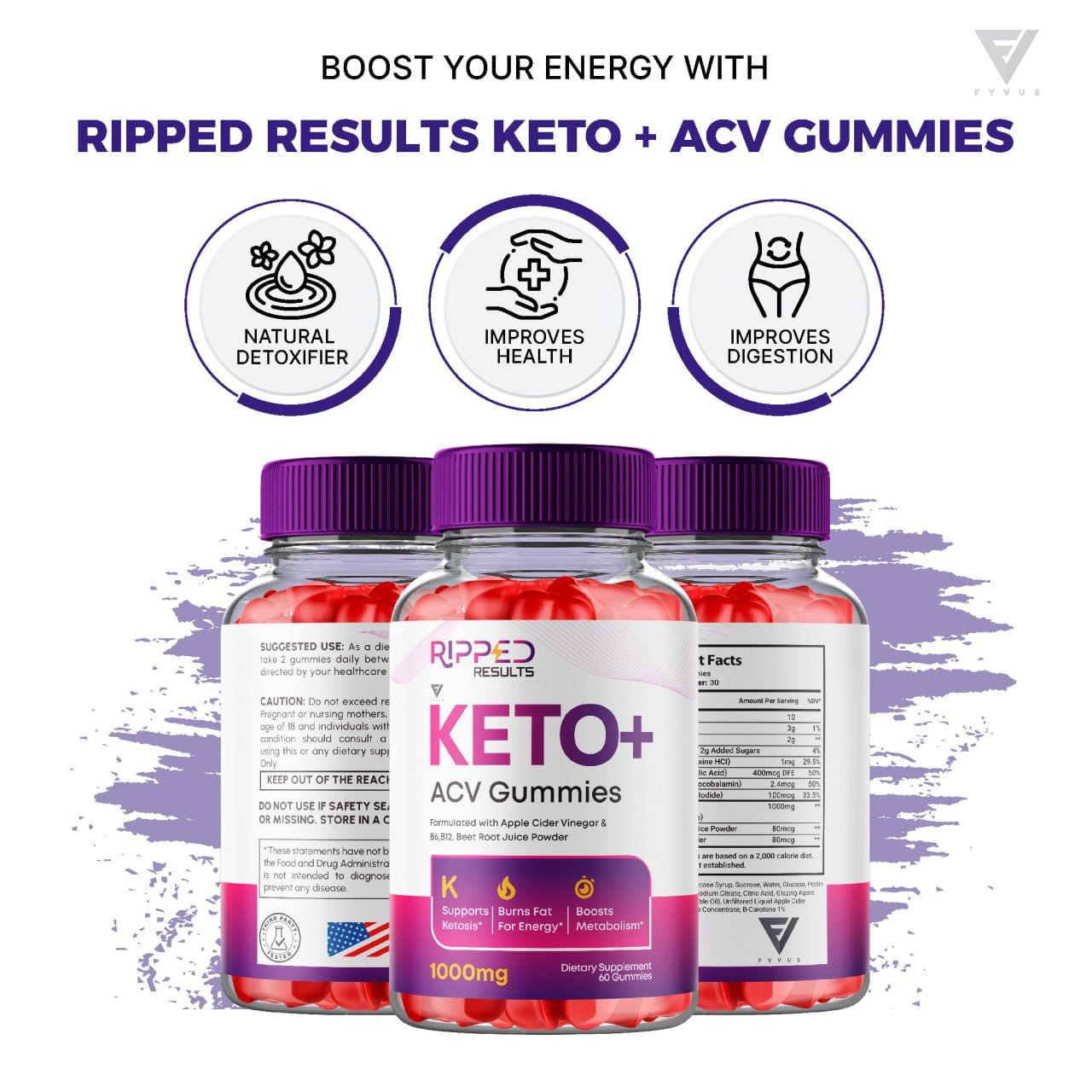 Ripped Results Keto Plus ACV Gummies, Ripped Results Keto ACV Gummies Advanced Apple Cider Vinegar Vitamin Supplement 1000MG, Ripped Keto+ ACV Folic Acid (60 Gummies)