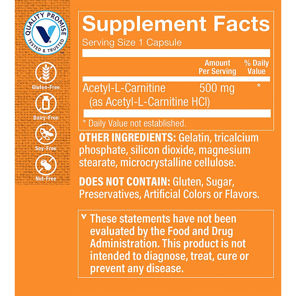 Acetyl-L-Carnitine 500mg - Supports Healthy Brain & Memory Function, Promotes Energy Production - Carnipure™ Offers Purest Form of L-Carnitine (120 Capsules) by The Vitamin Shoppe