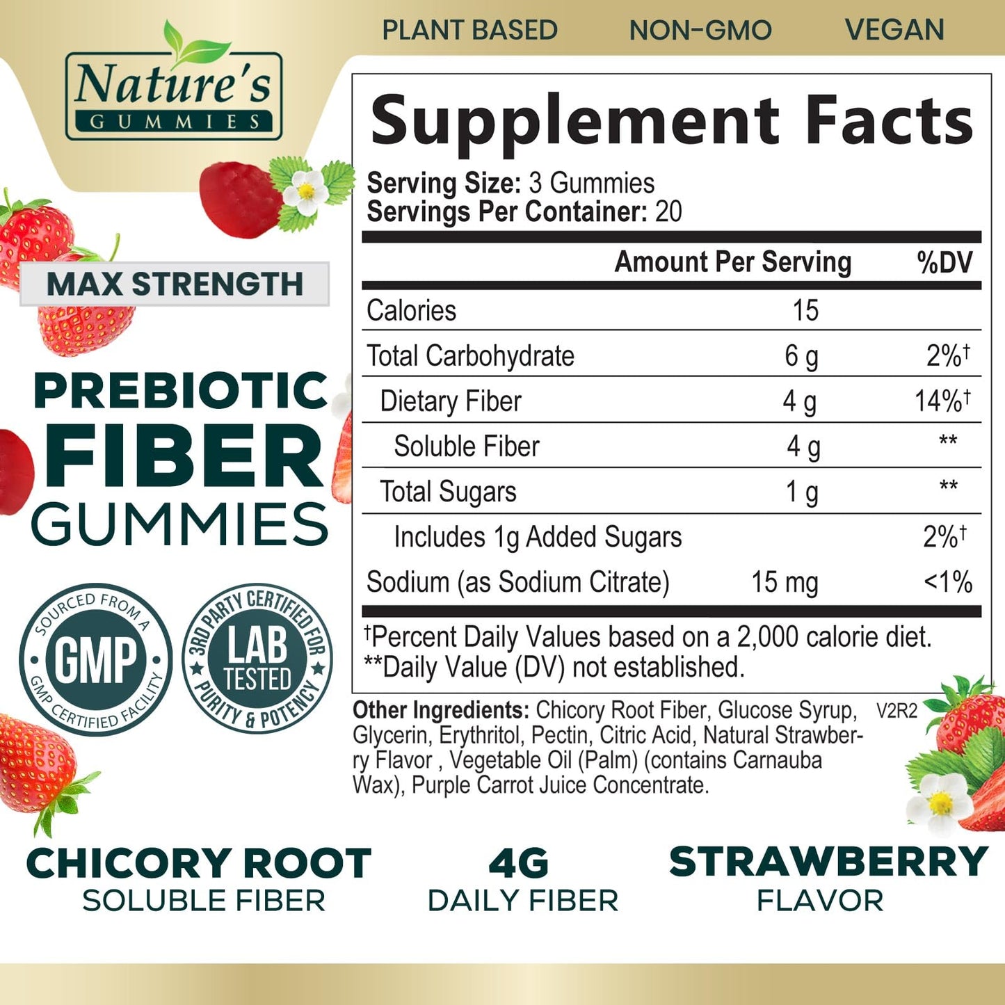 Fiber Supplement Gummies for Digestive Health & Regularity Support, Fiber 4g Gummy for Adults, Daily Prebiotic Supplements, Natural Prebiotic Fiber Gummy, Plant Based, Strawberry Flavored - 60 Gummies