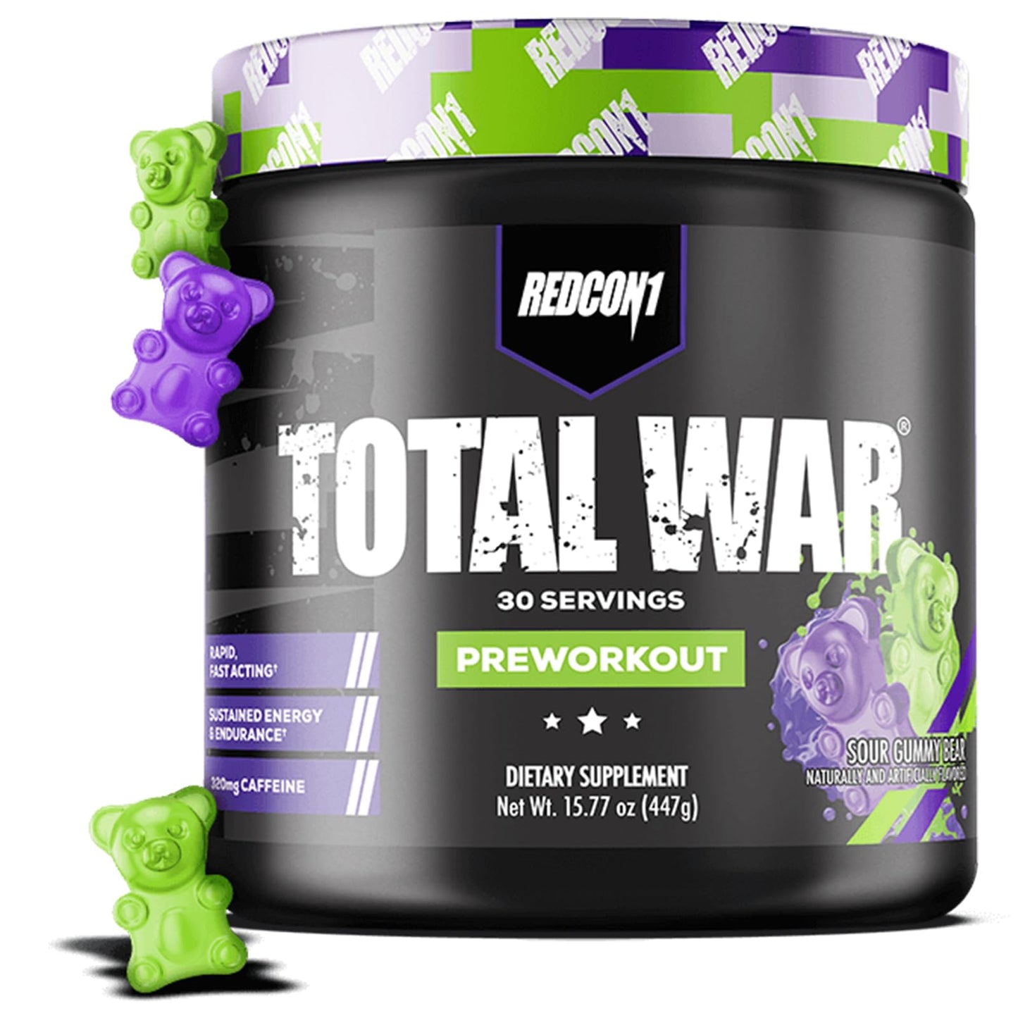 REDCON1 Total War Preworkout - Contains 320mg of Caffeine from Green Tea, Juniper & Beta Alanine - Pre Work Out with Amino Acids to Increase Pump, Energy + Endurance (Sour Gummy Bear, 30 Servings)