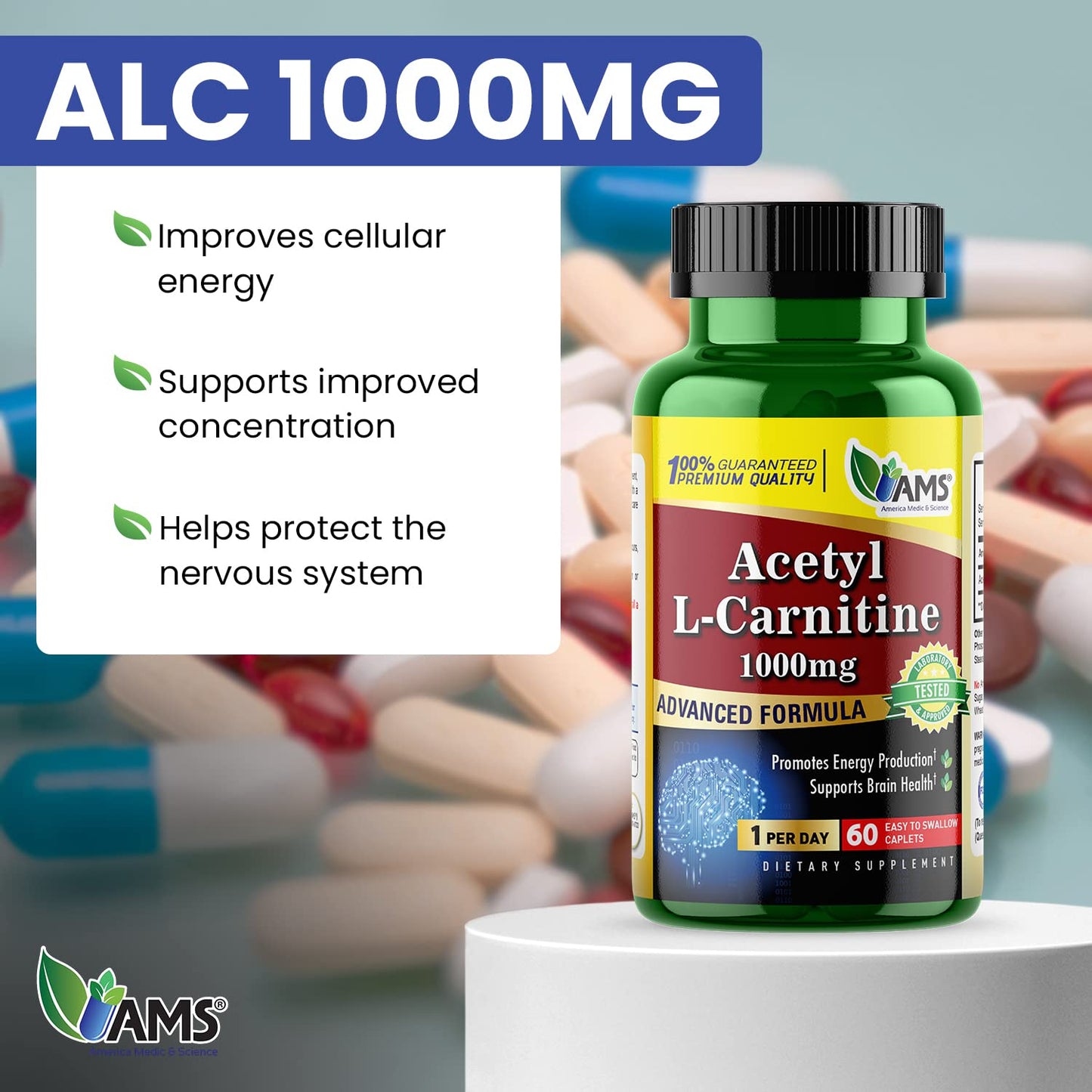 America Medic & Science Acetyl L-Carnitine 1000mg (60 Tablets) | Dietary Supplement for Men and Women | Promotes Energy Production | Supports Brain Health | Helps Improve Memory and Focus