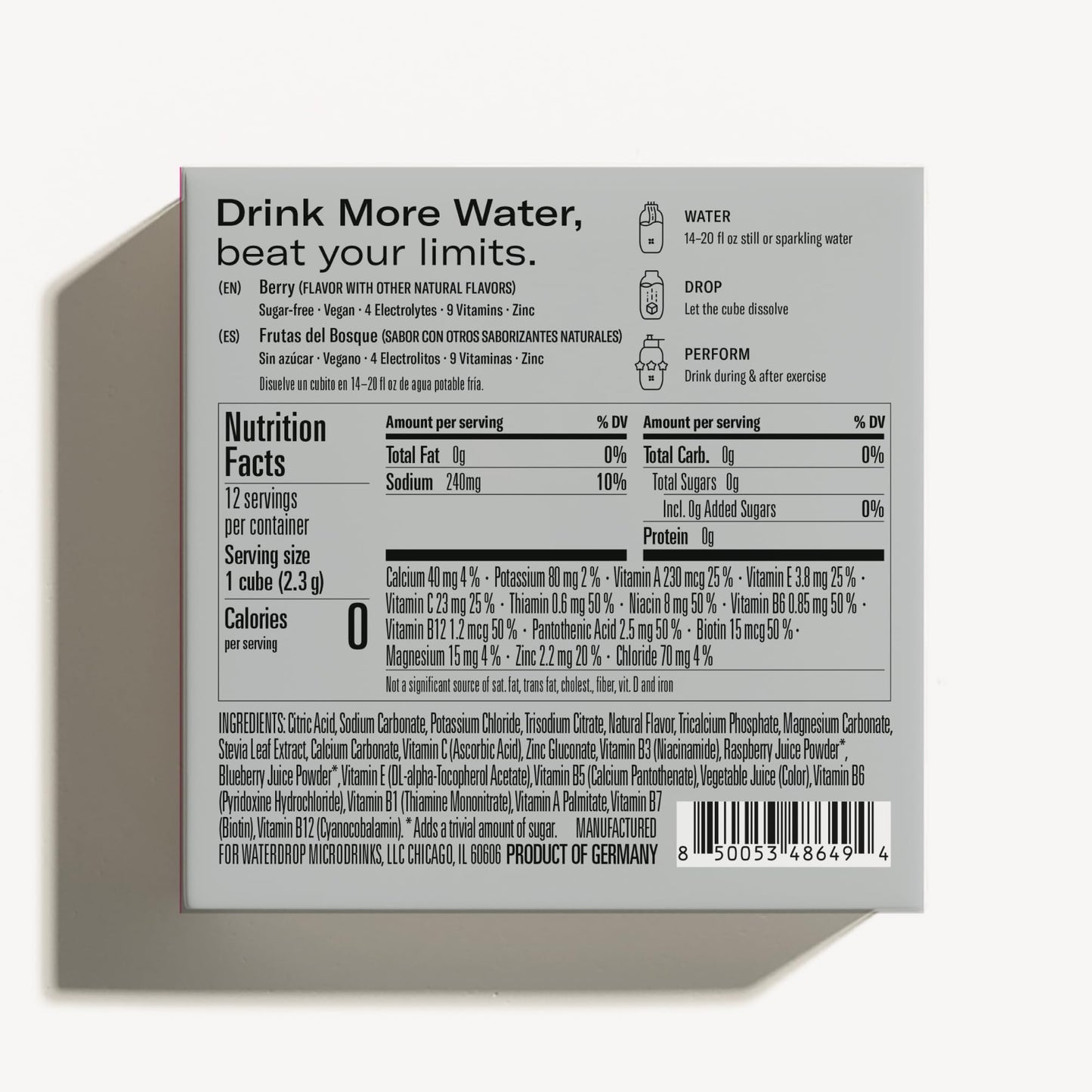 waterdrop Microlyte BERRY Electrolyte Hydration Tablets with 4 Electrolytes 9 Vitamins Zinc Sugar free Low Calories and Vegan Sportsdrink  24 Cubes