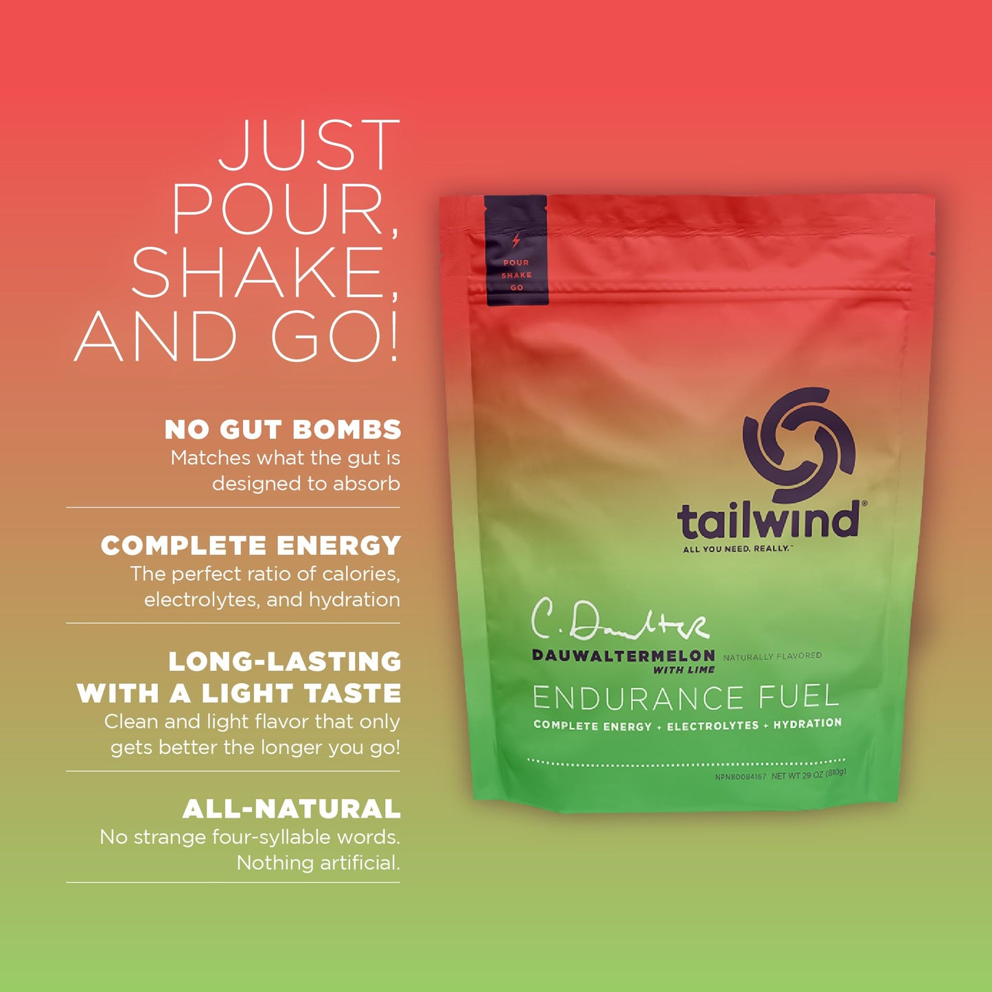 Tailwind Nutrition Endurance Fuel, Sports Drink Powder Mix with Electrolytes, Non-GMO, Free of Soy, Dairy, and Gluten, Vegan, Dauwaltermelon, 30 Servings