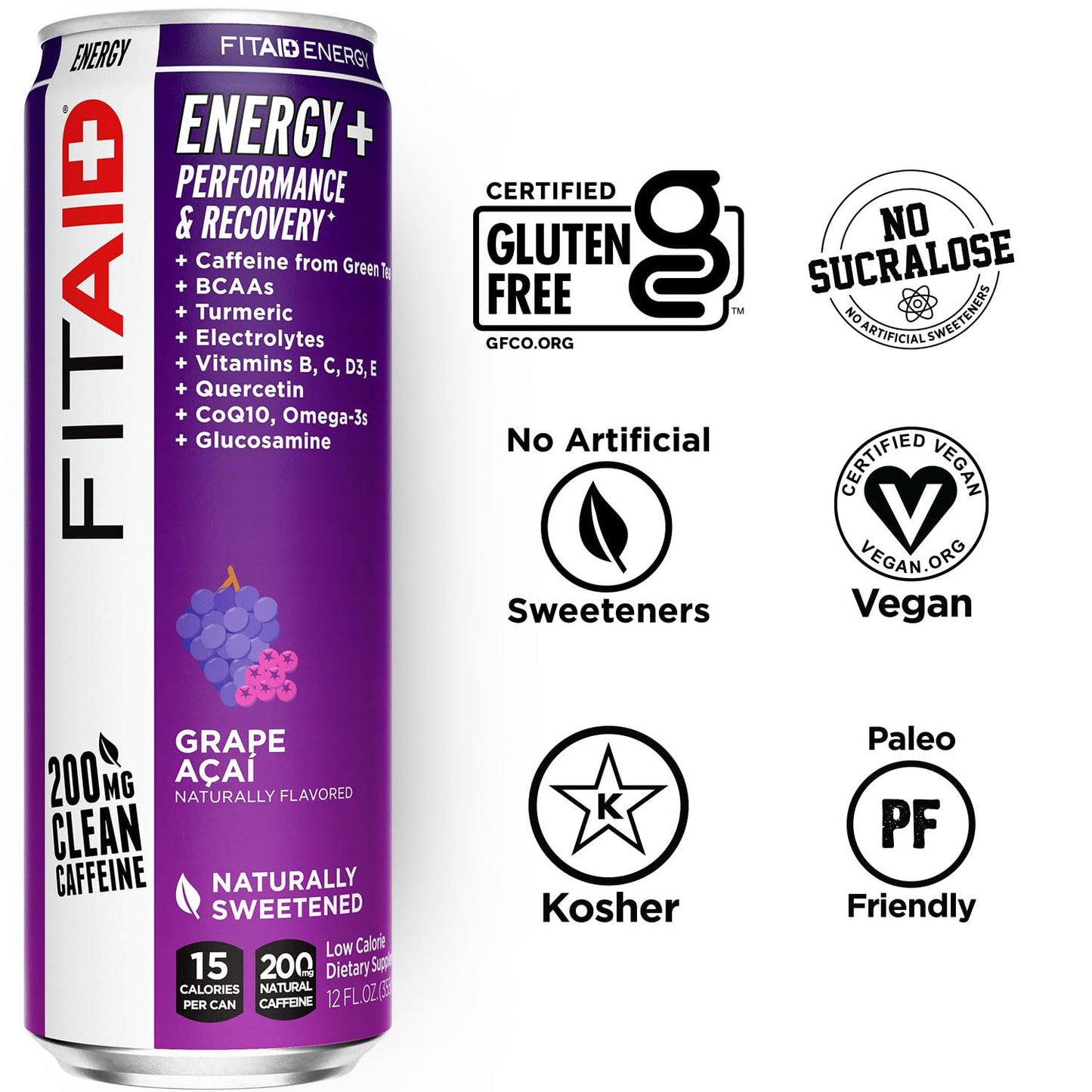 LIFEAID FITAID Energy Grape AÇAI, 200mg Natural Caffeine, Keto, Pre-Workout Performance: BCAAs, Quercetin, Electrolytes, Omega-3s, 15 Calories, Paleo, Vegan & Gluten-Free,12-oz (Pack of 24)