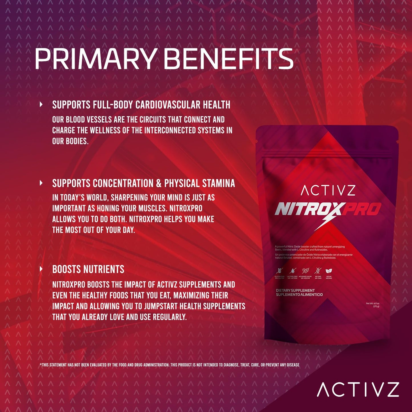 ACTIVZ NitroxPro™ Drink Powder - Beets, L-Citrulline, Rutinosides, CyLoc Dextrin & DexKey for Nitric Oxide, Cardiovascular Support, 6.0 oz (171g)