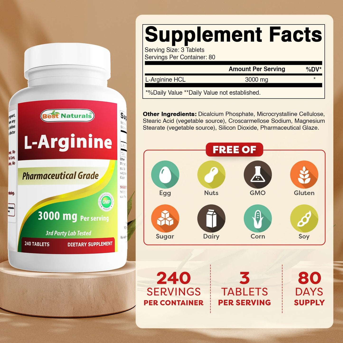 Best Naturals L-Arginine 3000mg Per Serving - 240 Tablets - Pharmaceutical Grade - Non-GMO & Gluten Free - Made in The USA