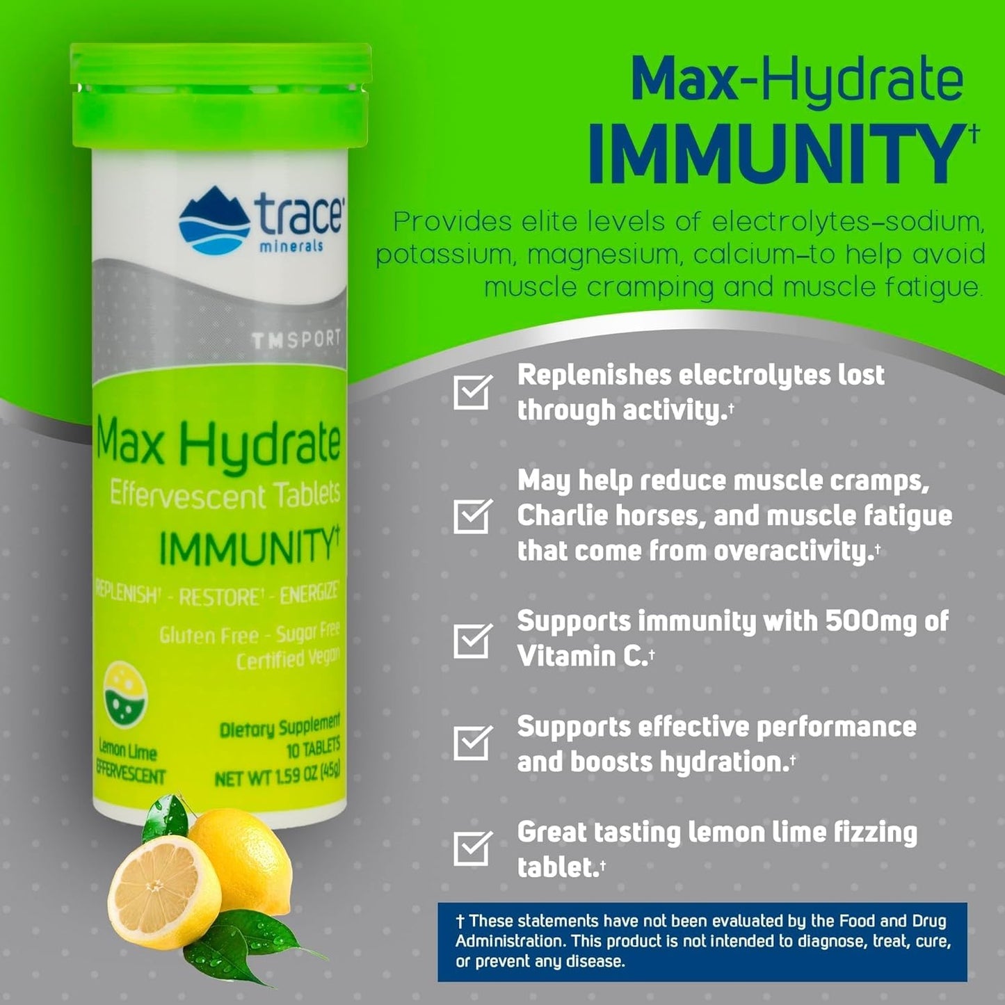 Trace Minerals Max-Hydrate Immunity - Electrolyte Drink Supplement for Immune Health & Hydration Support - Vitality Supplement to Aid Muscle Cramp Relief - Lemon Lime, 8 Containers (80 Servings)