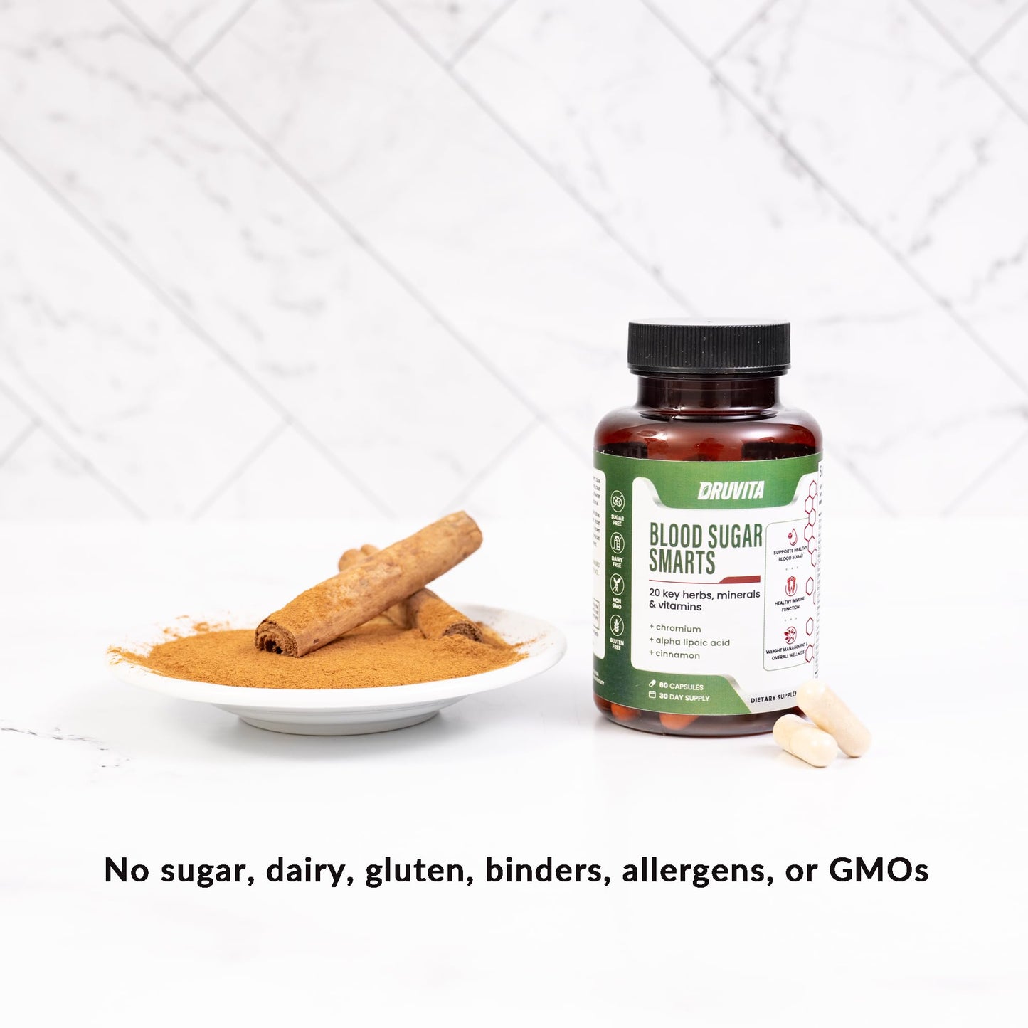 Druvita Blood Sugar Smarts - 20 Key Herbs, Minerals & Vitamins - with Chromium, Alpha Lipoic Acid, Cinnamon & Bitter Melon, for Men Women- Non-GMO Natural- 120 Capsules 60 Day Supply