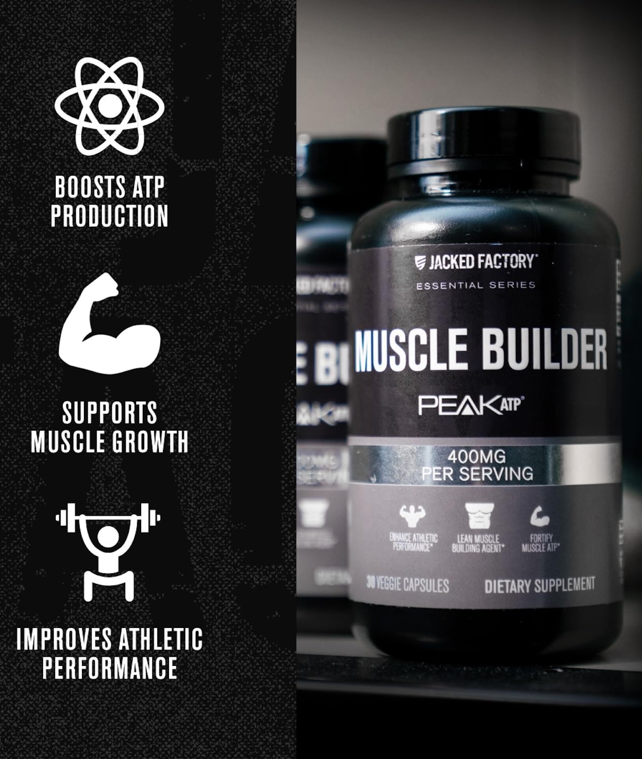 Jacked Factory Essentials Muscle Builder - ATP Muscle Builder for Men with Peak ATP to Support Muscle Gain, Enhance Athletic Performance, & Increase Strength - 30 Capsules