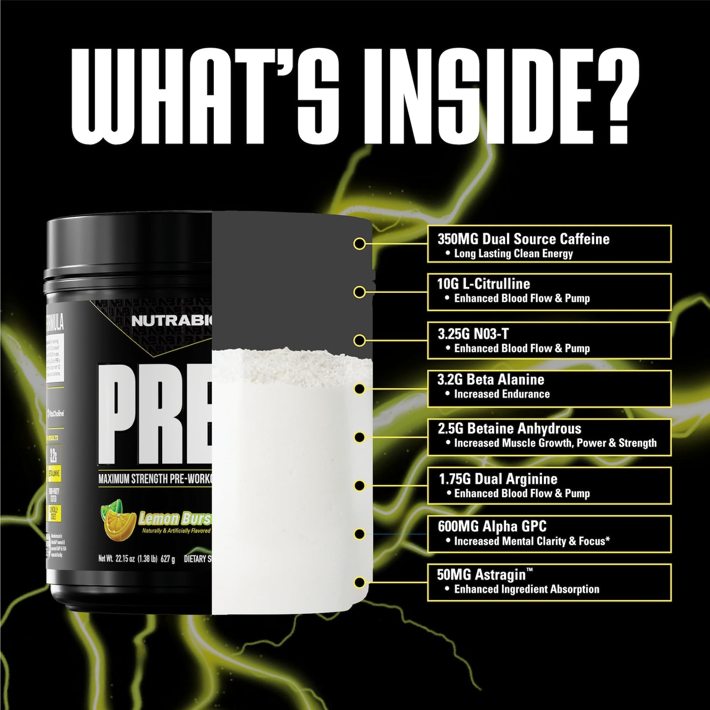 NutraBio PRE Workout Powder - New Formula- Sustained Energy, Mental Focus, Endurance - Beta Alanine, Caffeine, Electrolytes - 20 Servings - Lemon Burst