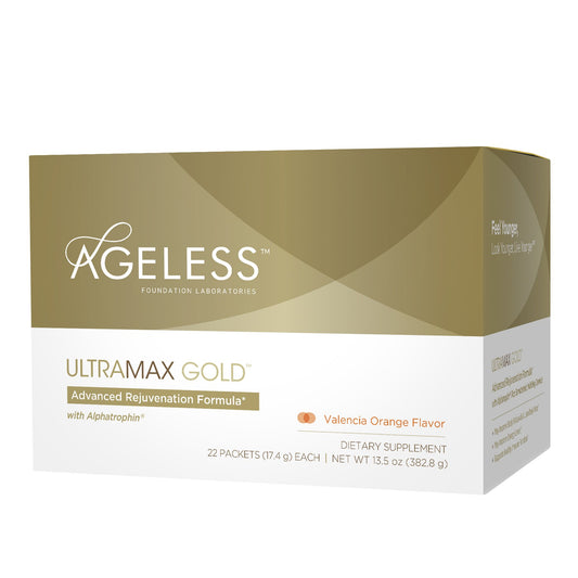 AGELESS UltraMAX Gold Effervescent Powder, HGH Anti-Aging Supplement for Women, Help Women Rejuvenate Their Faces Return to Youthfulness, Mens Supplement, Valencia Orange Flavor 22 Packets