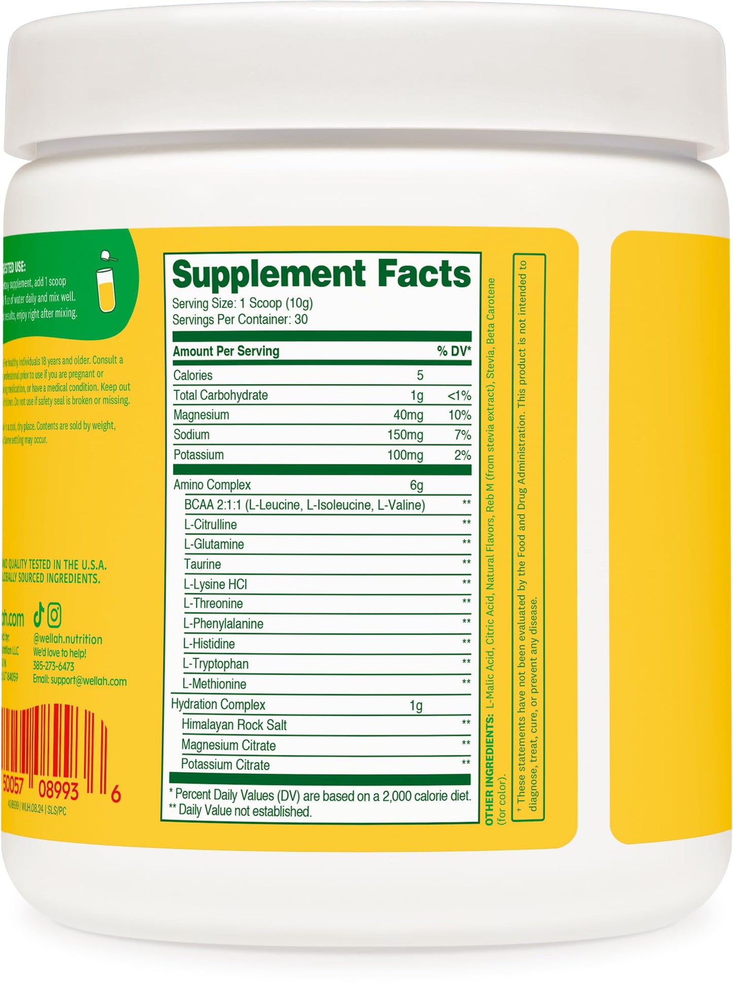 Wellah So Long Soreness BCAA Powder (Pina Colada Flavored) 30 Servings - with Hydration Complex