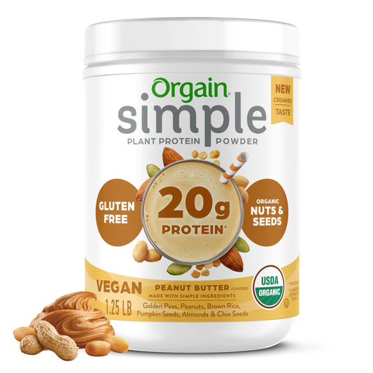 Orgain Organic Simple Vegan Protein Powder, Peanut Butter - 20g Plant Based Protein, With less Ingredients, No Artificial Sweeteners, Gluten Free, No Dairy or Lactose, 1.25 lb (Packaging May Vary)