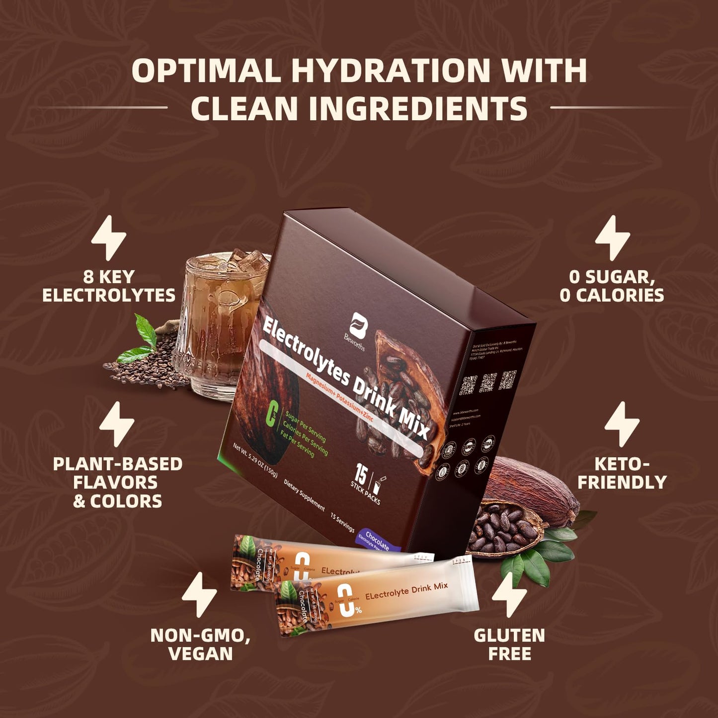 B BEWORTHS Electrolytes Powder Packets for Electrolyte Drink Mix | Sugar-Free Electrolytes Packets with Vitamins & Magnesium Replenish Hydration & Energy Boost - 15 Sticks