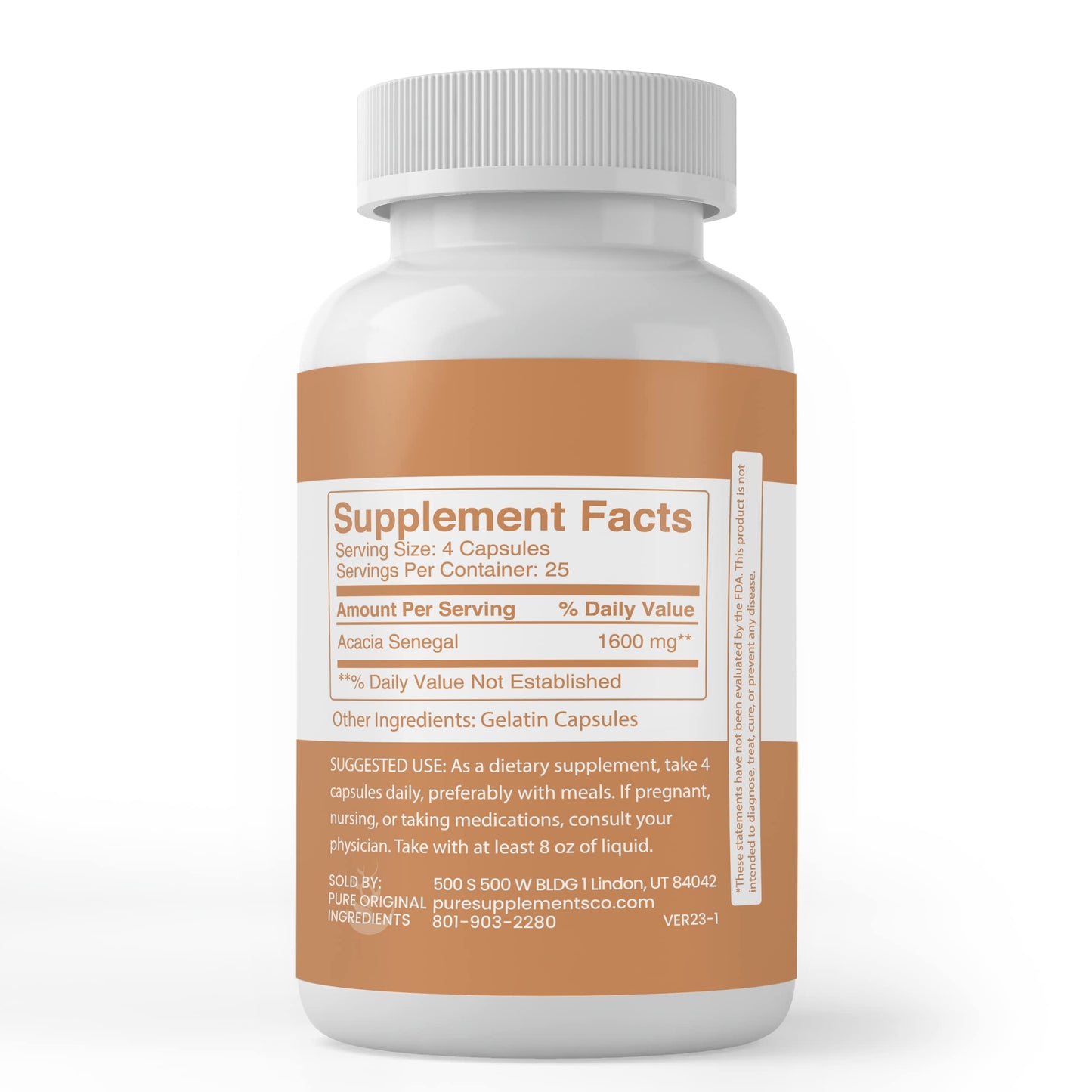 PURE ORIGINAL INGREDIENTS Acacia Fiber, (100 Capsules) Pure, No Additives Or Fillers, Lab Verified