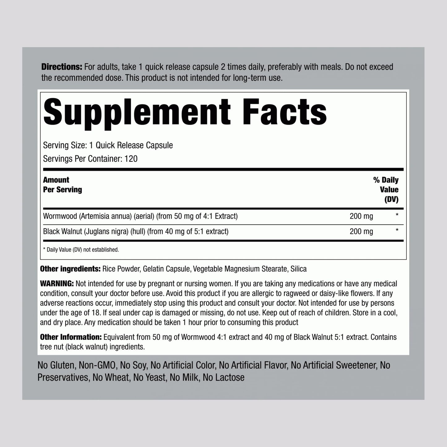 Piping Rock Wormwood Black Walnut Capsules 400mg | 120 Count | Herbal Extract Complex | Non-GMO, Gluten Free Supplement