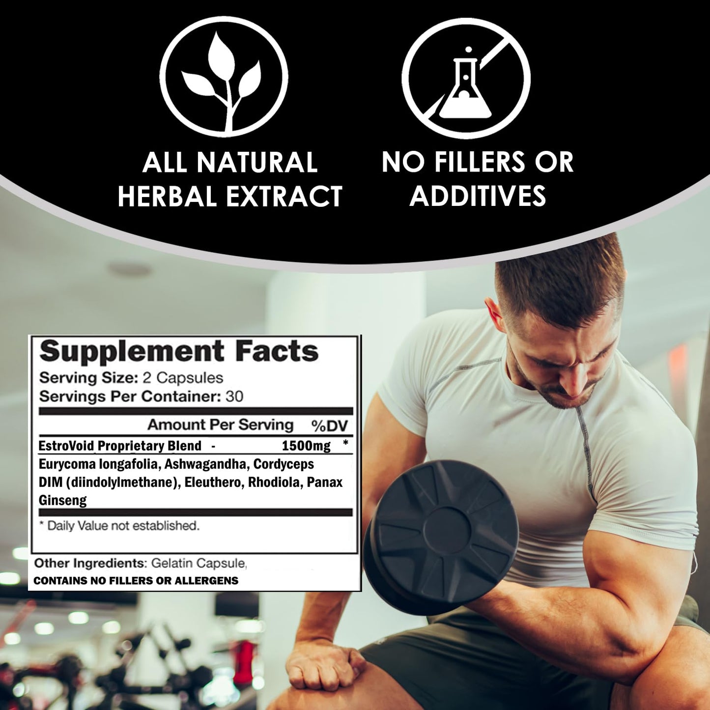 VH Nutrition ESTROVOID | Estrogen Blocker for Men | 1500mg Max Strength Natural Aromatase Inhibitor* W/DIM, Longjack, Ashwagandha, Eleuthero, Cordyceps, Rhodiola, & Panax Ginseng