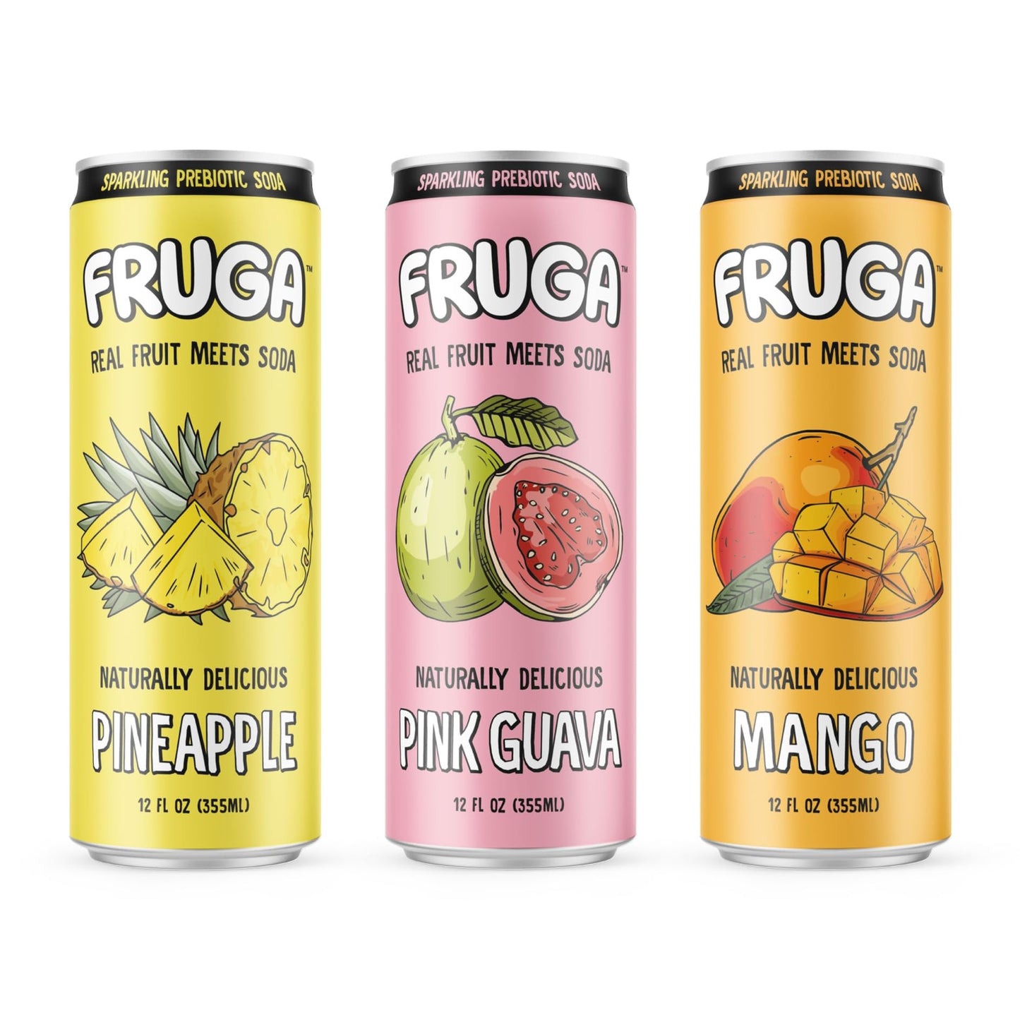 FRUGA Sparkling Prebiotic Super Soda Gut Health Low Calorie Low Sugar Healthy Soda Pop Plant Fiber Real Fruit Vitamin C B6 B9 Vitamins Juice Tropical Mix 12oz 12 Pack