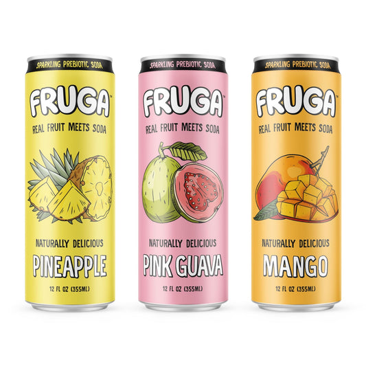 FRUGA Sparkling Prebiotic Super Soda Gut Health Low Calorie Low Sugar Healthy Soda Pop Plant Fiber Real Fruit Vitamin C B6 B9 Vitamins Juice Tropical Mix 12oz 12 Pack