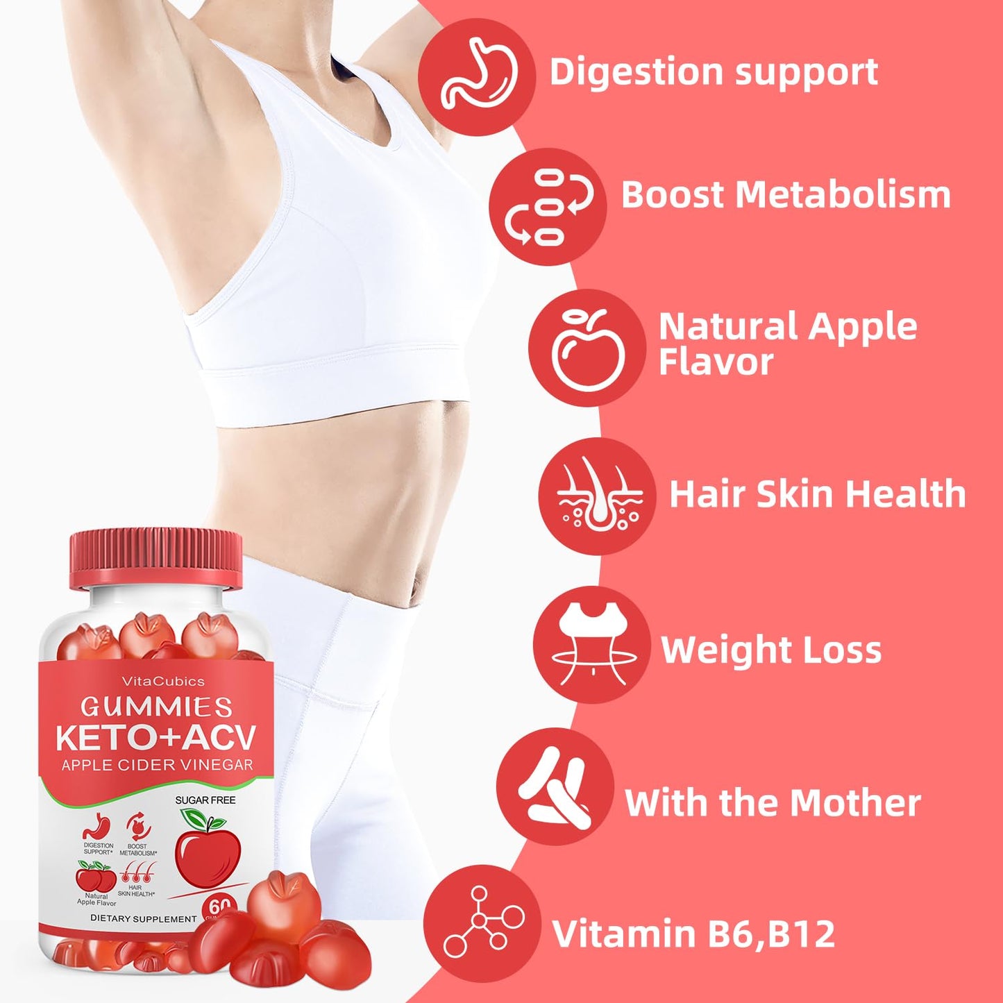 Keto ACV Gummies, Advanced Weight Loss Sugar Free 1000mg Apple Cider Vinegar Gummies with the Mother,Vitamin B6,B12 & Iodine Supplement for Women and Men for Digestion, Metabolism,Cleanse & Detox Diet