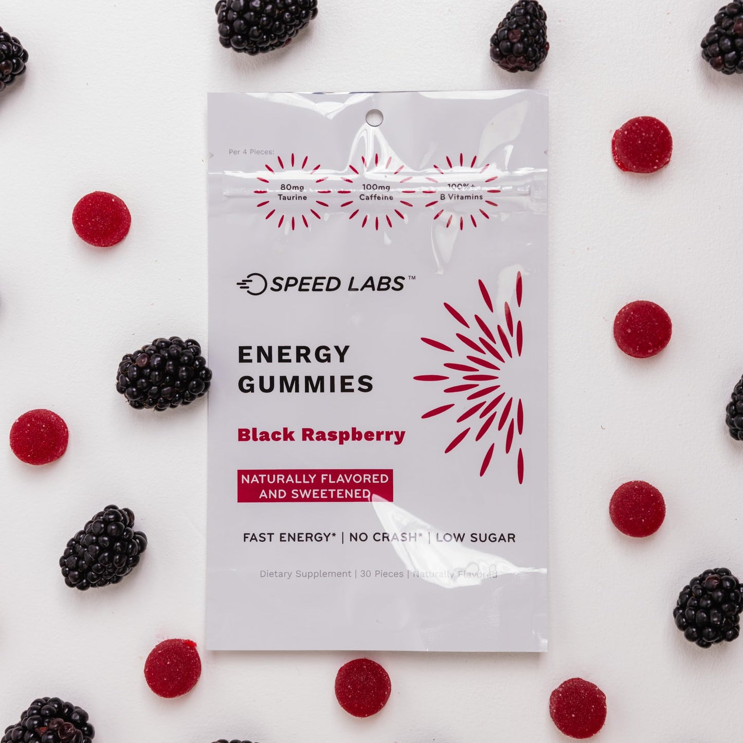 Speed Labs Caffeine Energy Gummies Black Raspberry Natural, 25mg Caffeine, Taurine, B-Vitamins per Piece, 30 Pieces, Vegan, Gluten Free, 1g Added Sugar