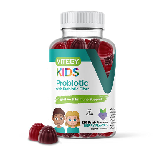 Probiotic Gummies for Kids Plus Prebiotics Fiber - 2 Billion CFUs - Digestive Health,Gut Health, Constipation Relief for Kids Support - Vegan, Gelatin Free - Chewable Probiotic Berry Flavored Gummy