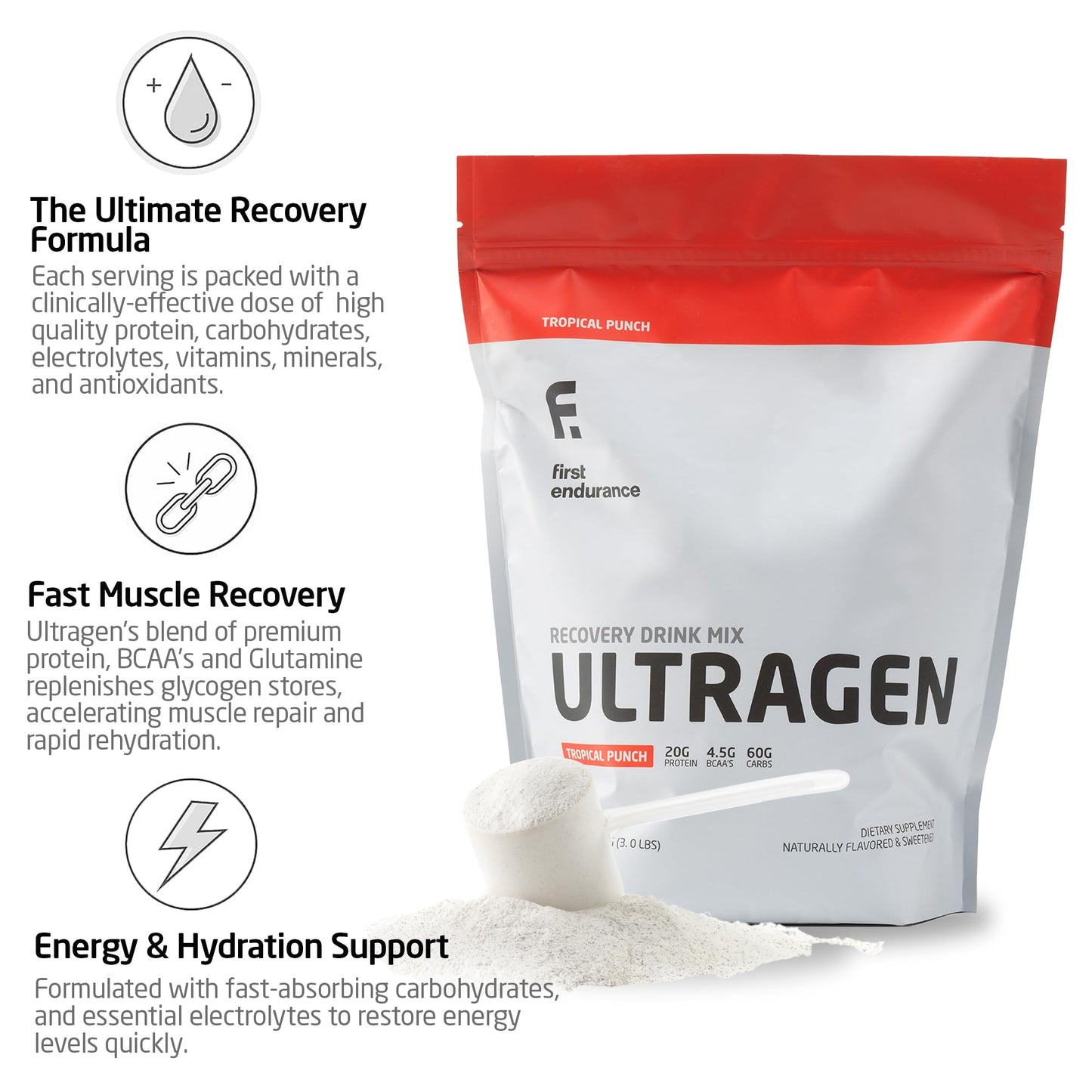 FIRST ENDURANCE Ultragen Workout Recovery Drink Powder, Protein Mix, Boosts Energy, Accelerates Recovery | Tropical Punch, 15 Servings