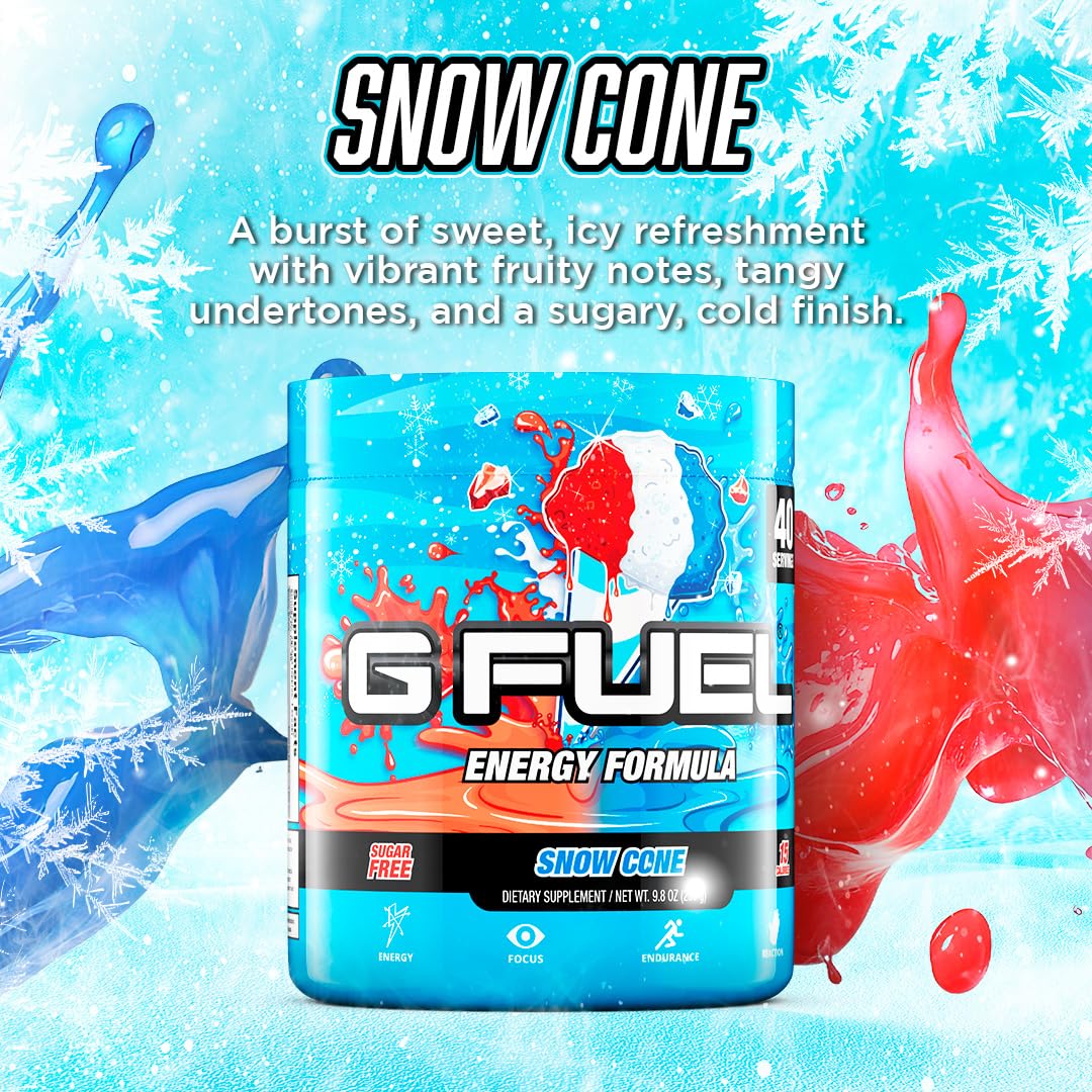 G Fuel Snow Cone Energy Drink Powder, Pre Workout Caffeine Mix for Gaming, Sugar Free Focus Amino, Vitamin + Antioxidants, 9.9oz (Snow Cone, 40 Servings)