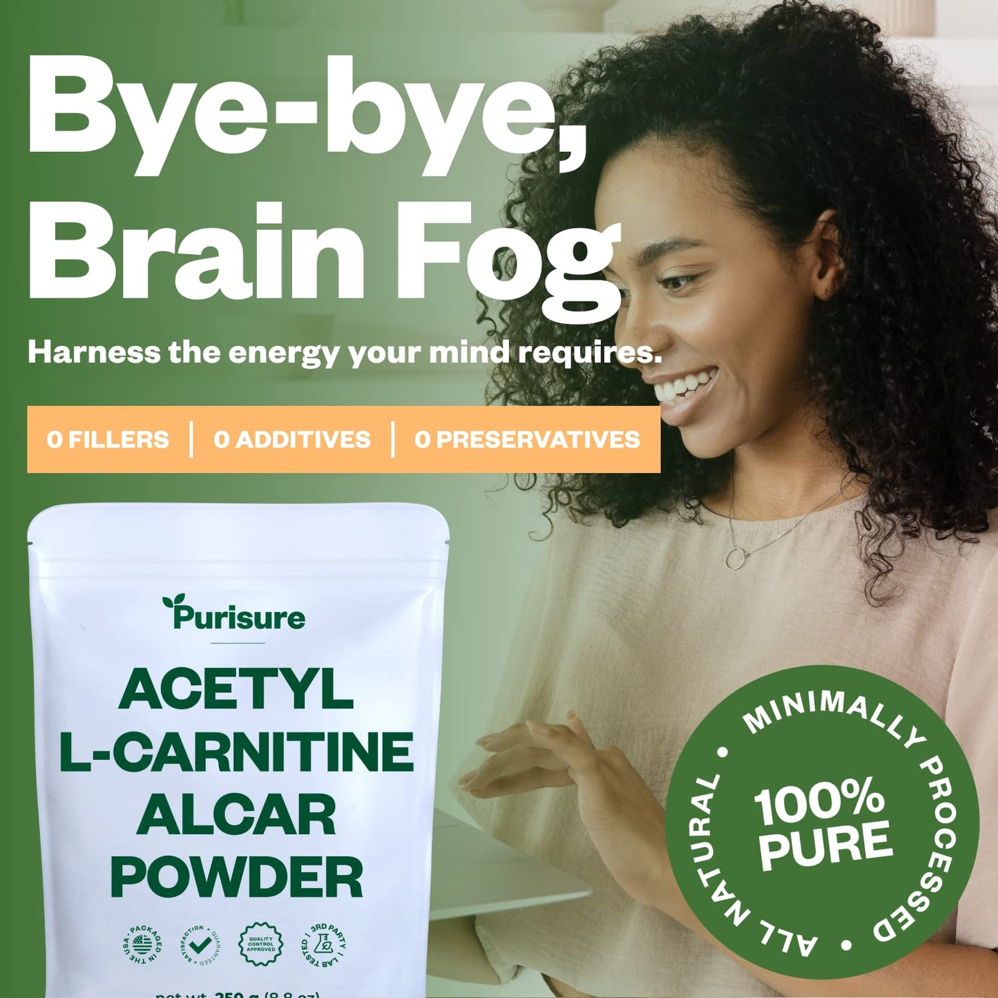 Purisure Acetyl L-Carnitine Powder, 250g, ALCAR Powder, Amino Acid Supplement, Acetyl L-Carnitine Supplement for Better Cognitive Performance and Muscular Endurance, Gluten Free, Non-GMO, 500 Servings