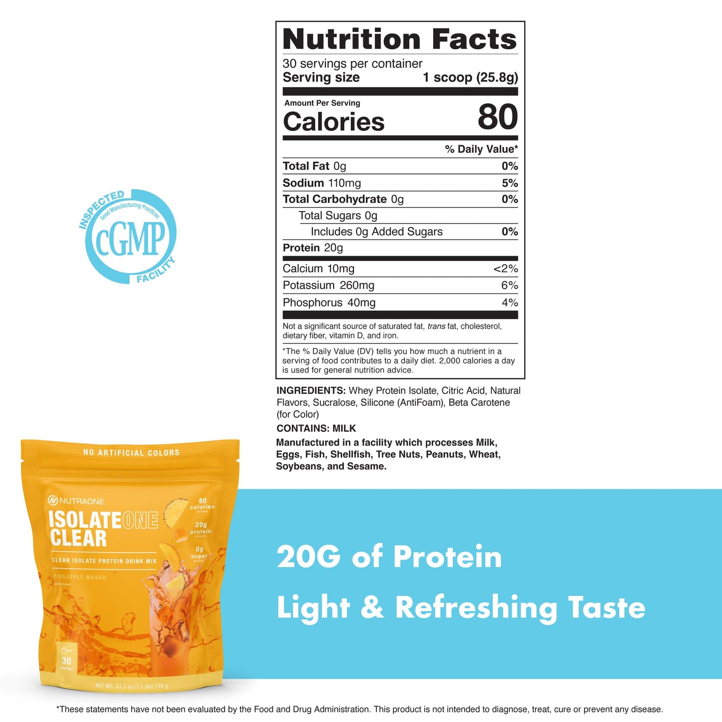 NutraOne Clear Whey Protein Powder Drink Mix, Naturally Flavored, Clear Protein Drink, 20g of Protein, Zero Sugar (Pineapple Mango - 30 Servings)