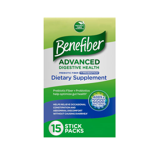 Benefiber Advanced Digestive Health Prebiotic Fiber Supplement Powder with Probiotics for Digestive Health, Low FODMAP - 15 Sticks (3.0 Ounces)