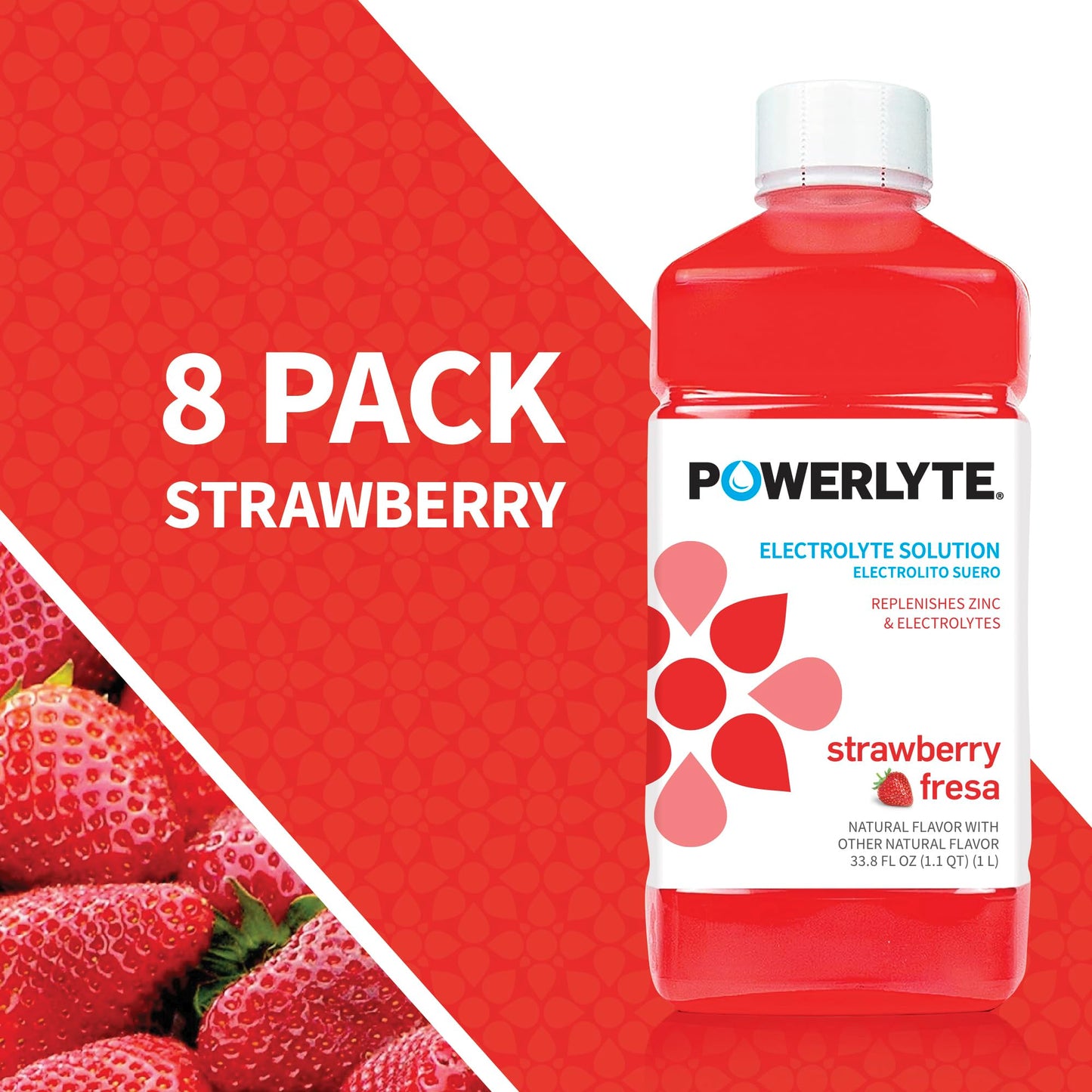 POWERLYTE Sport Hydration Electrolyte Solution Drink for Rehydration | Strawberry | 1 Liter | 8-Pack