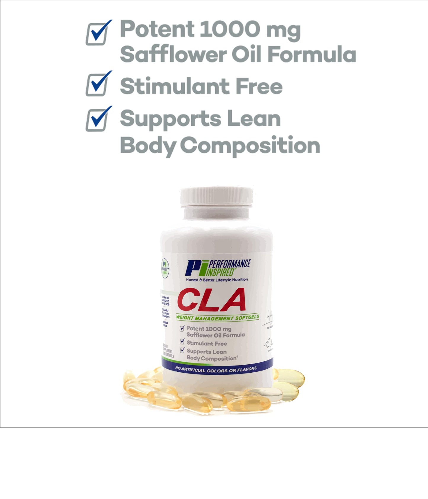 PERFORMANCE INSPIRED Nutrition CLA Softgels - 1000mg Safflower Oil - Stimulant-Free - Supports Lean Body Composition - 120 Count