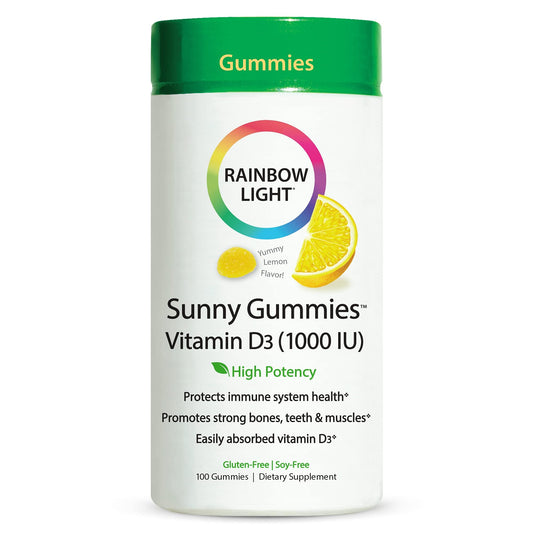 Rainbow Light Vitamin D Gummies, Sunny Gummies, Vitamin D3 1,000 IU, Gluten Free, Protects Immune System Health, Lemon, 100 Gummies