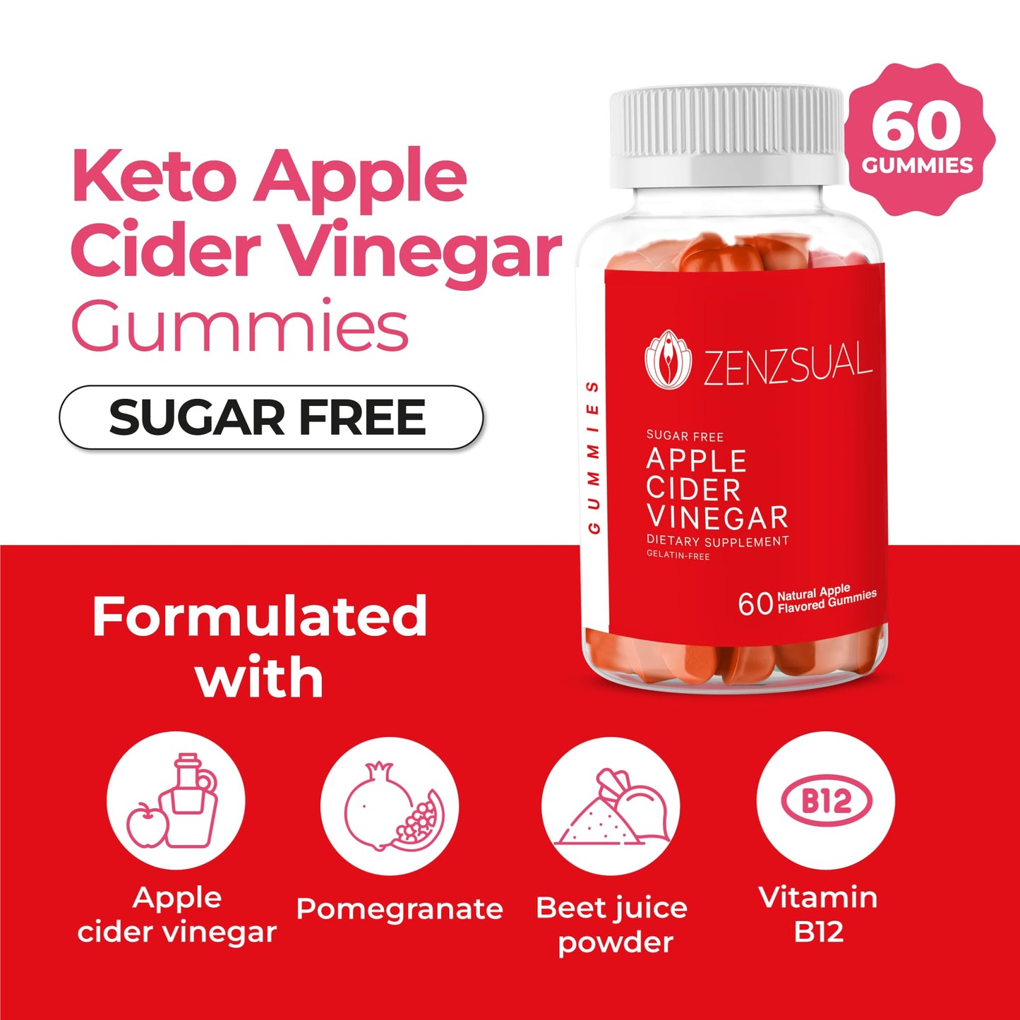 Zenzsual Apple Cider Vinegar Gummies - Digestive, Metabolism and Immune Health Support, Boost Energy - ACV Gummies with VIT B12, Beetroot & Pomegranate - Gelatin and Gluten Free (60 Gummies)
