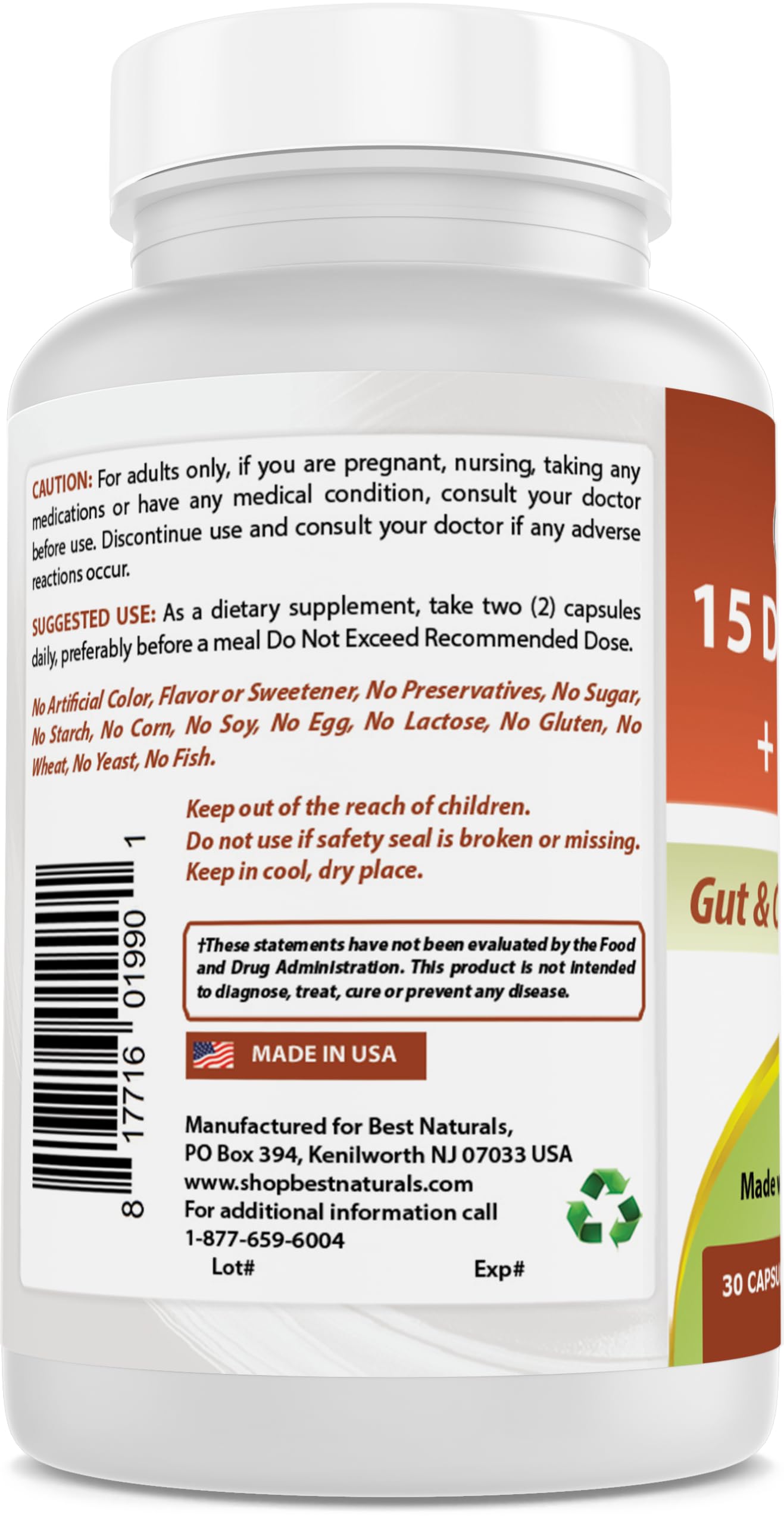 Best Naturals 15 Day Gut & Colon Cleanse + Probiotics for Women & Men with Senna, Cascara Sagrada & Psyllium Husk- 30 Capsules - Non-GMO & Gluten Free.