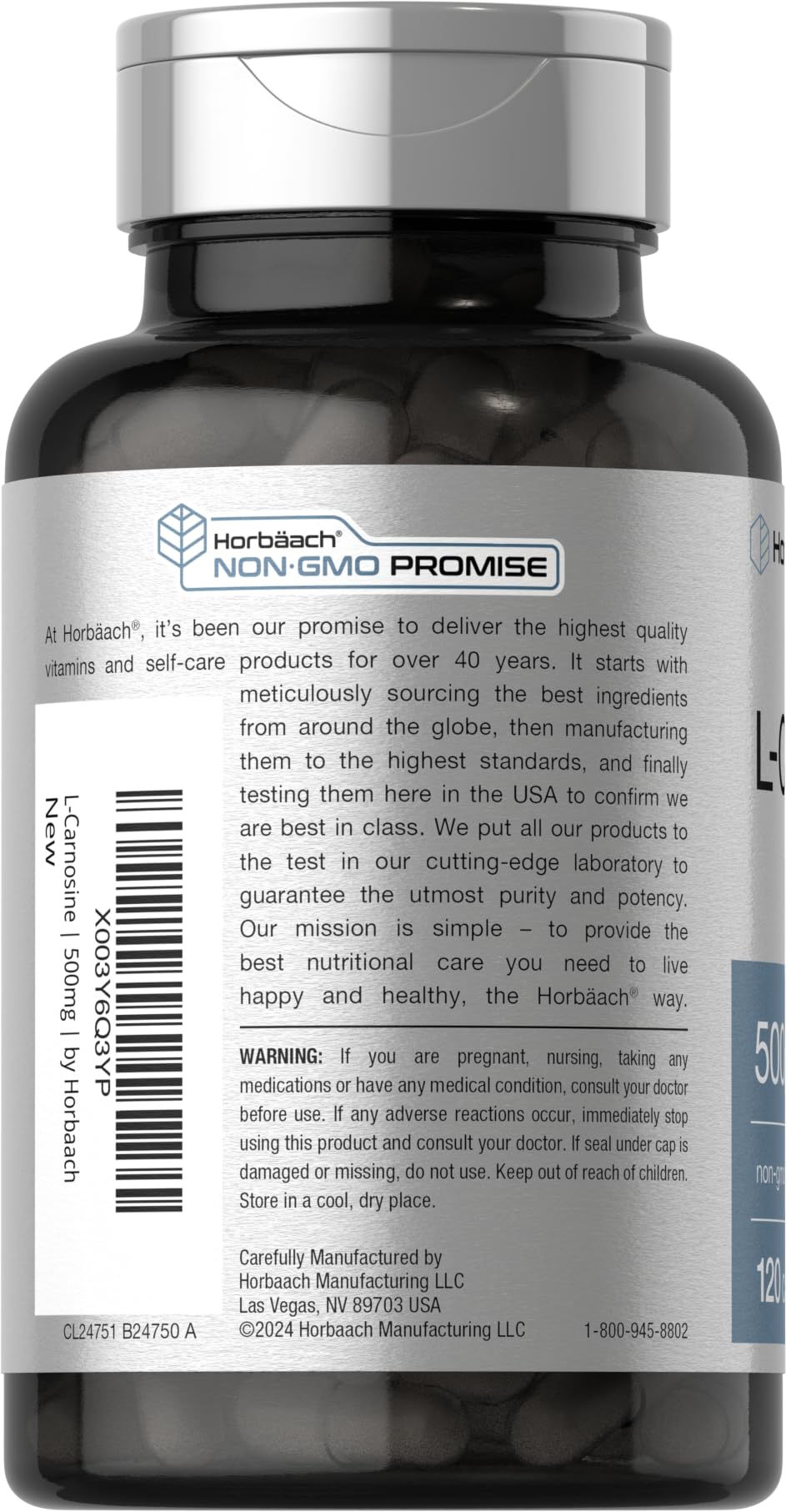 Horbäach L-Carnosine 500mg | 120 Capsule Supplement | Non-GMO & Gluten Free Powder Pills