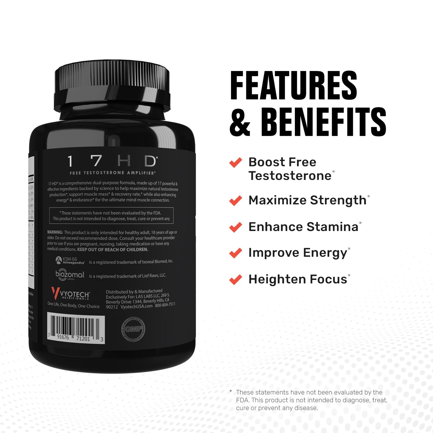 Vyotech Nutritionals 17 HD Testo Booster | Natural T-Level Support for Lean Muscle Mass, Strength, Energy & Fat Burn | Maximize T-Levels & Performance