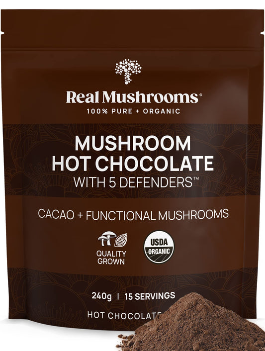 Real Mushrooms Organic Hot Chocolate Mix with 5 Defenders Turkey Tail Chaga Maitake Shiitake  Reishi Mushroom  Organic Cacao Powder  Vegan Mushroom Supplement GlutenFree 15 Servings