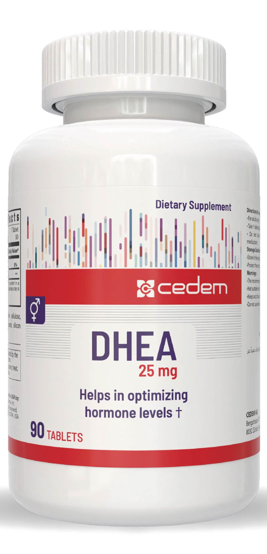 CEDEM Switzerland DHEA Supplement for Hormone Balance for Women & Men, Energy, Mood & Healthy Aging, Supports Lean Muscle Mass, Bone Strength & Immune Health Tablets (25 mg, 90 Tablets)