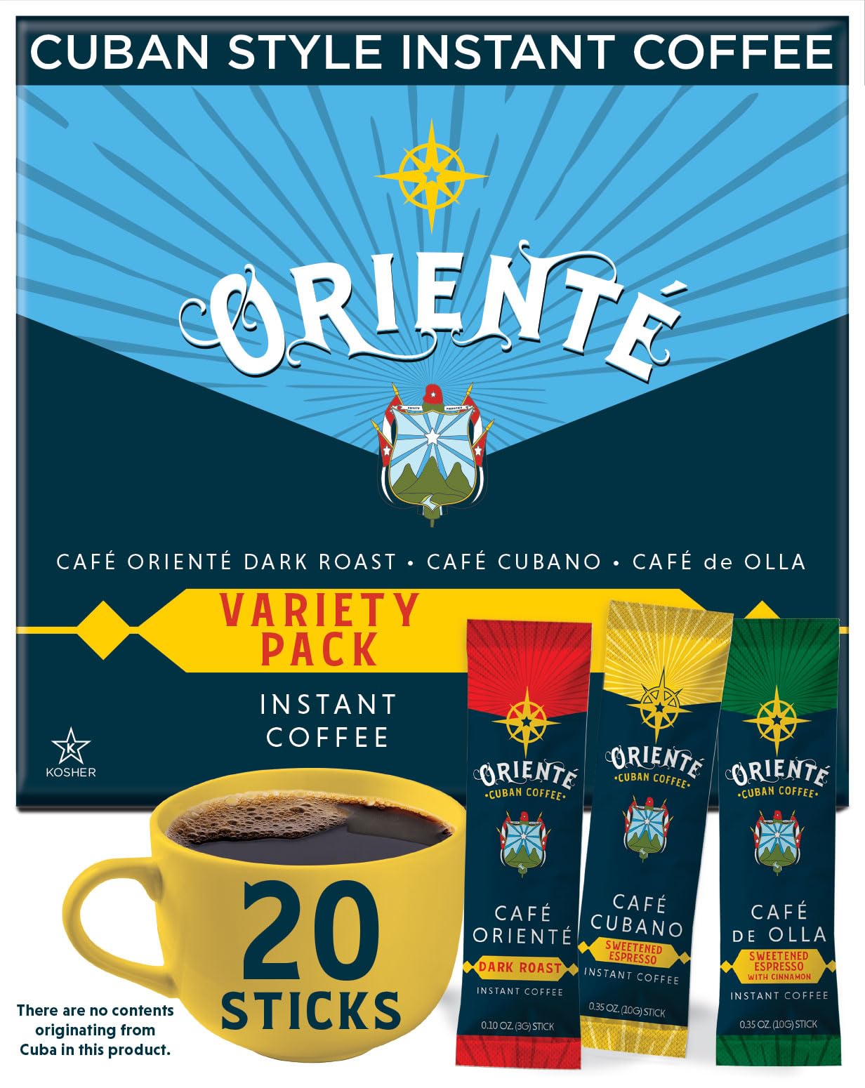 Oriente Variety Pack Instant Coffee Packets Single Serve 20 ct  Cafe Oriente Cafe Cubano Cafe De Olla  100 Arabica Dark Roast Coffee  Solar Energy Produced  Hot or Iced Instant Coffee Packets