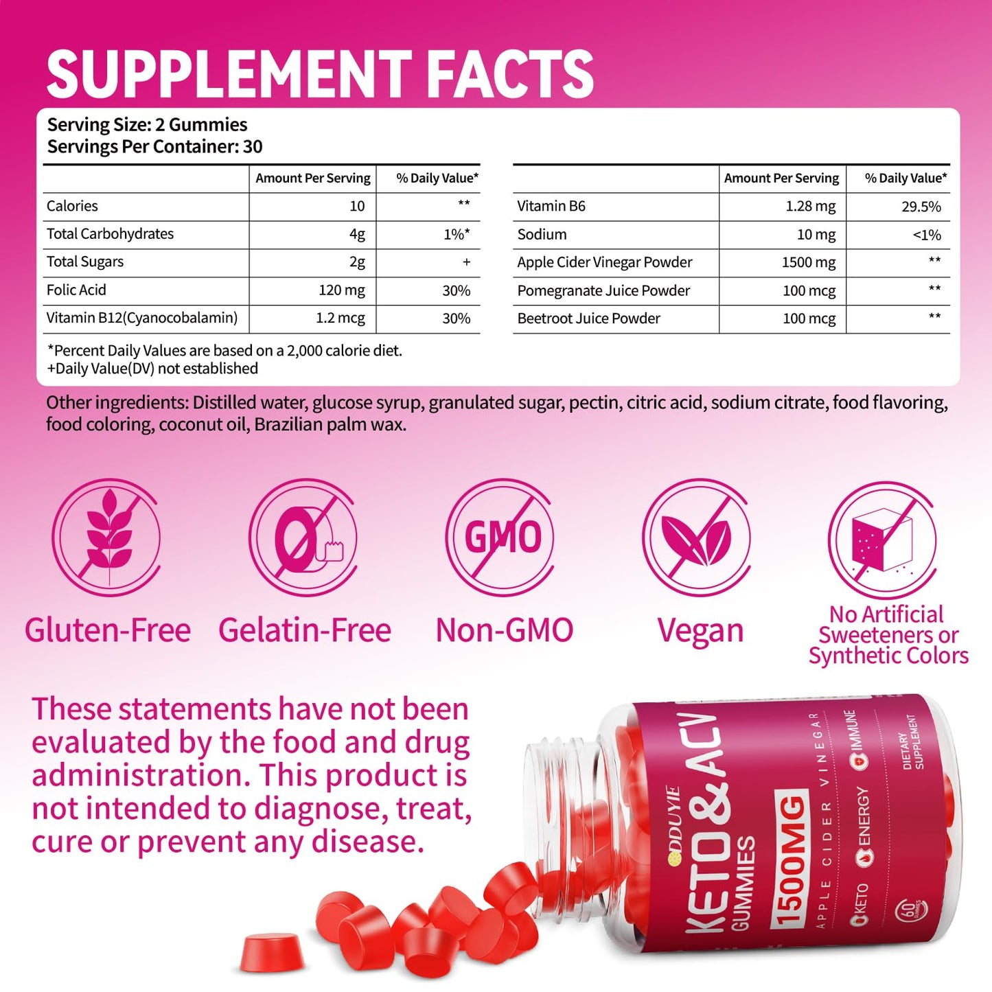 (2 Pack) 1500mg Keto ACV Gummies Advanced Keto Supplements for Overcome Cravings Support -Apple Cider Vinegar Gummies with Vitamins B12 and B6, Non-GMO, Gluten-Free, Gelatin-Free, 120 Count