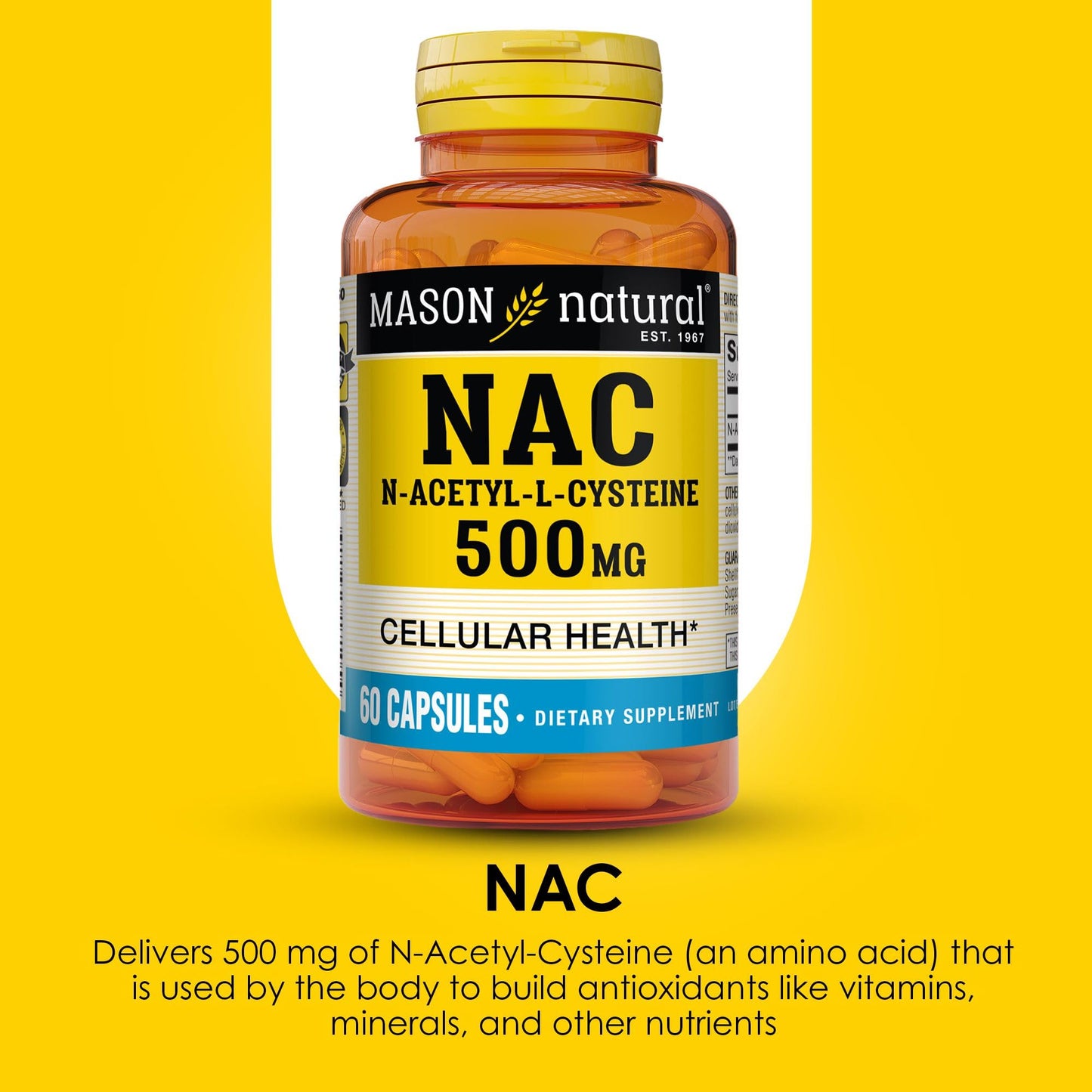 Mason Natura NAC N-Acetyl-L-Cysteine 500 mg, 2 Month Supply, Supports Normal Cellular Health, Immune System Booster for General Wellness, 60 Capsules