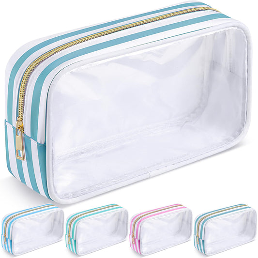 Kacctyen Clear Nylon Makeup Bag Preppy Cosmetic Bag Transparent Toiletry Pouch with Zipper Skincare Toiletry Pouch Portable Makeup Organizer for Women Travel(Green Stripe)