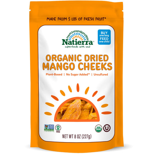 NATIERRA Organic Dried Mango Cheeks  No Sugar Added  USDA Organic NonGMO  Vegan  8 Ounce Pack of 1
