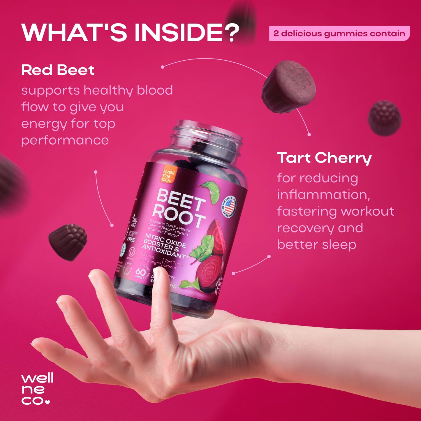 Beet Chews for High Blood Pressure - Beet Root Gummies with Tart Cherry - Nitric Oxide Supplements for Energy, Cardio Health - Vegan, No GMO, Pectin Based - for Women and Men