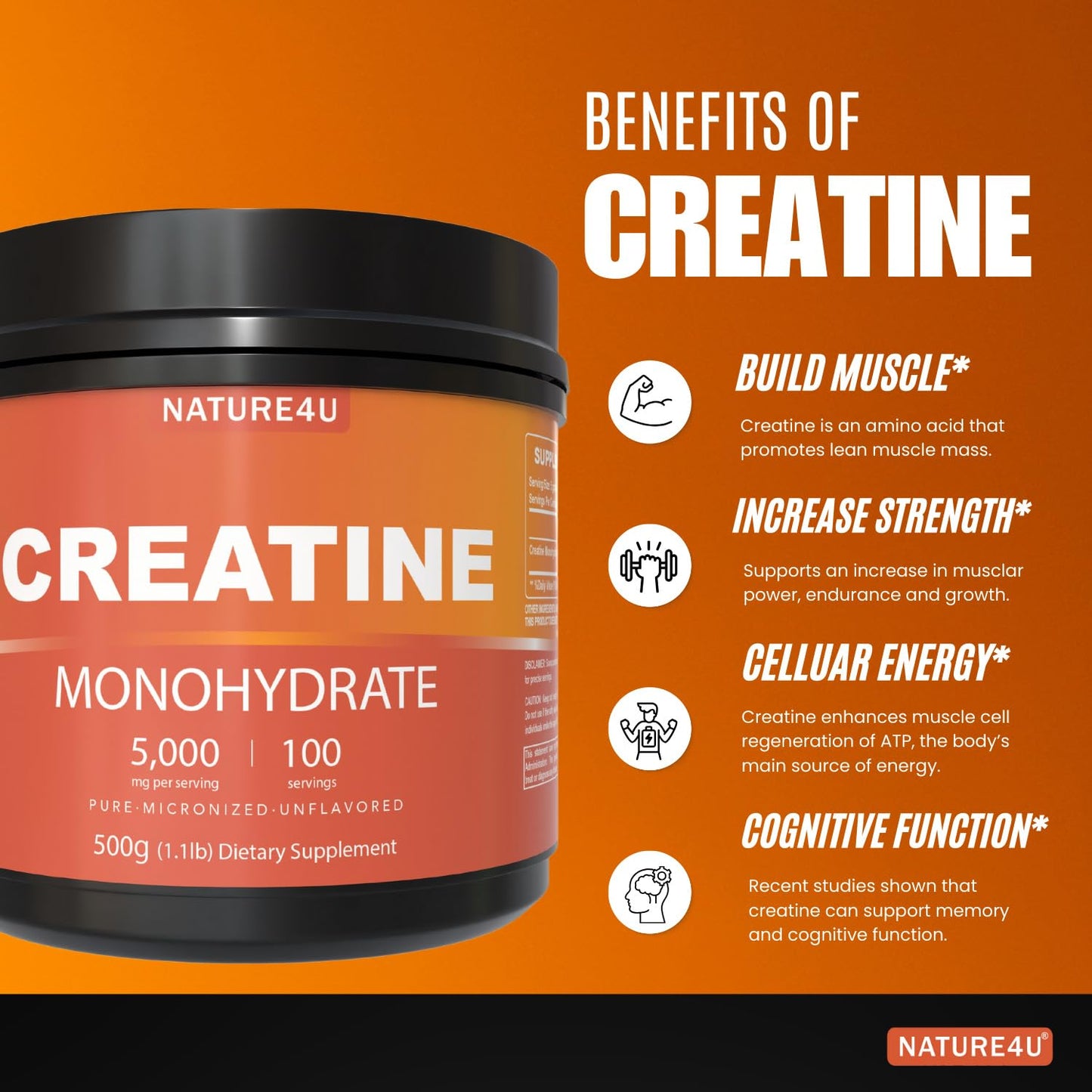 Nature4U Micronized Creatine Monohydrate Powder 500G, 5000mg Per Serving (5g), Pure Creatine Supplement for Muscle Gain, Workout Recovery, Improve Strength and Performance, Unflavored, 100 Serving