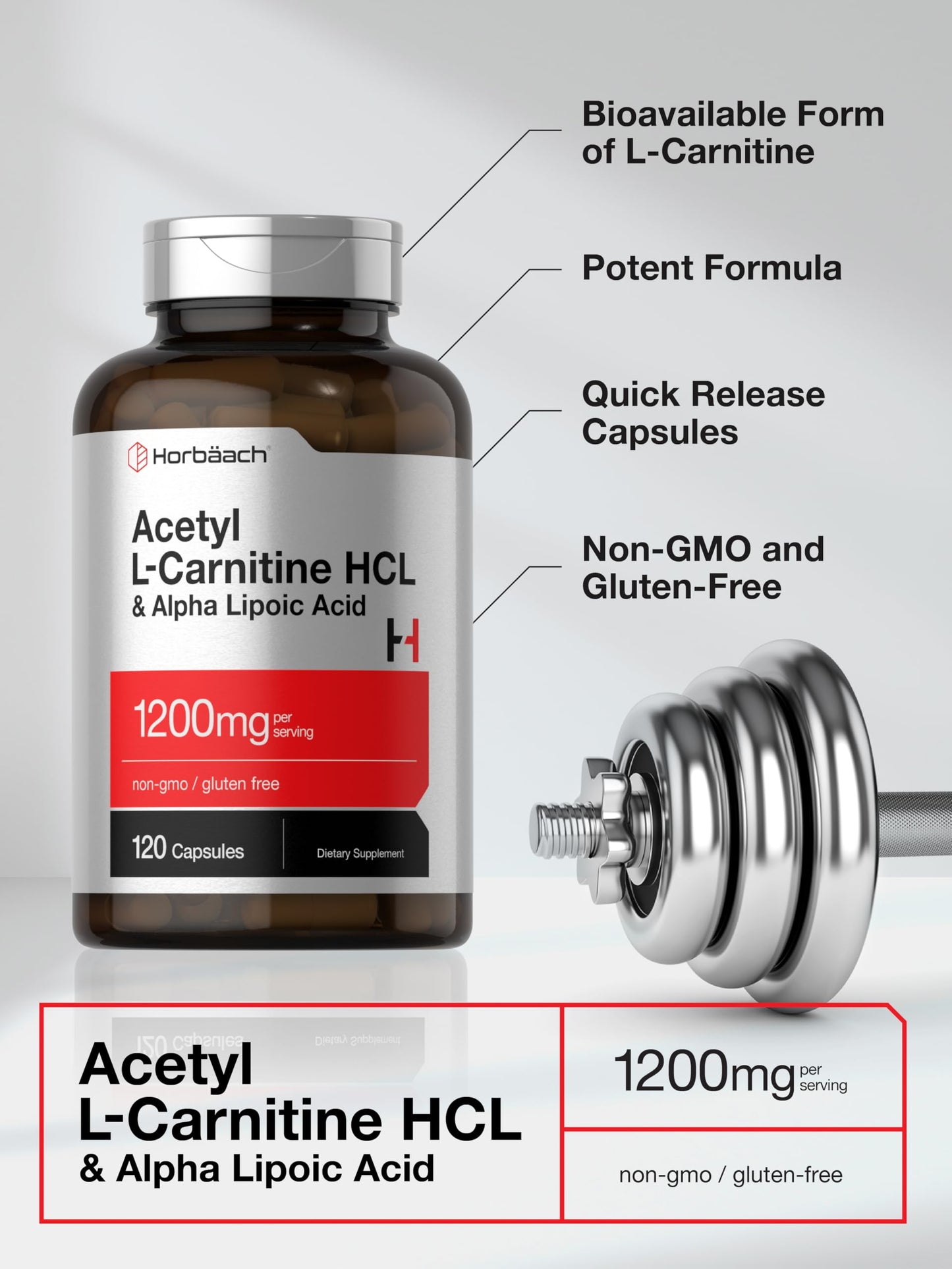 Horbäach Acetyl L Carnitine HCL & Alpha Lipoic Acid 1200mg | 120 Capsules | ALC ALA Complex | Non-GMO & Gluten Free Supplement